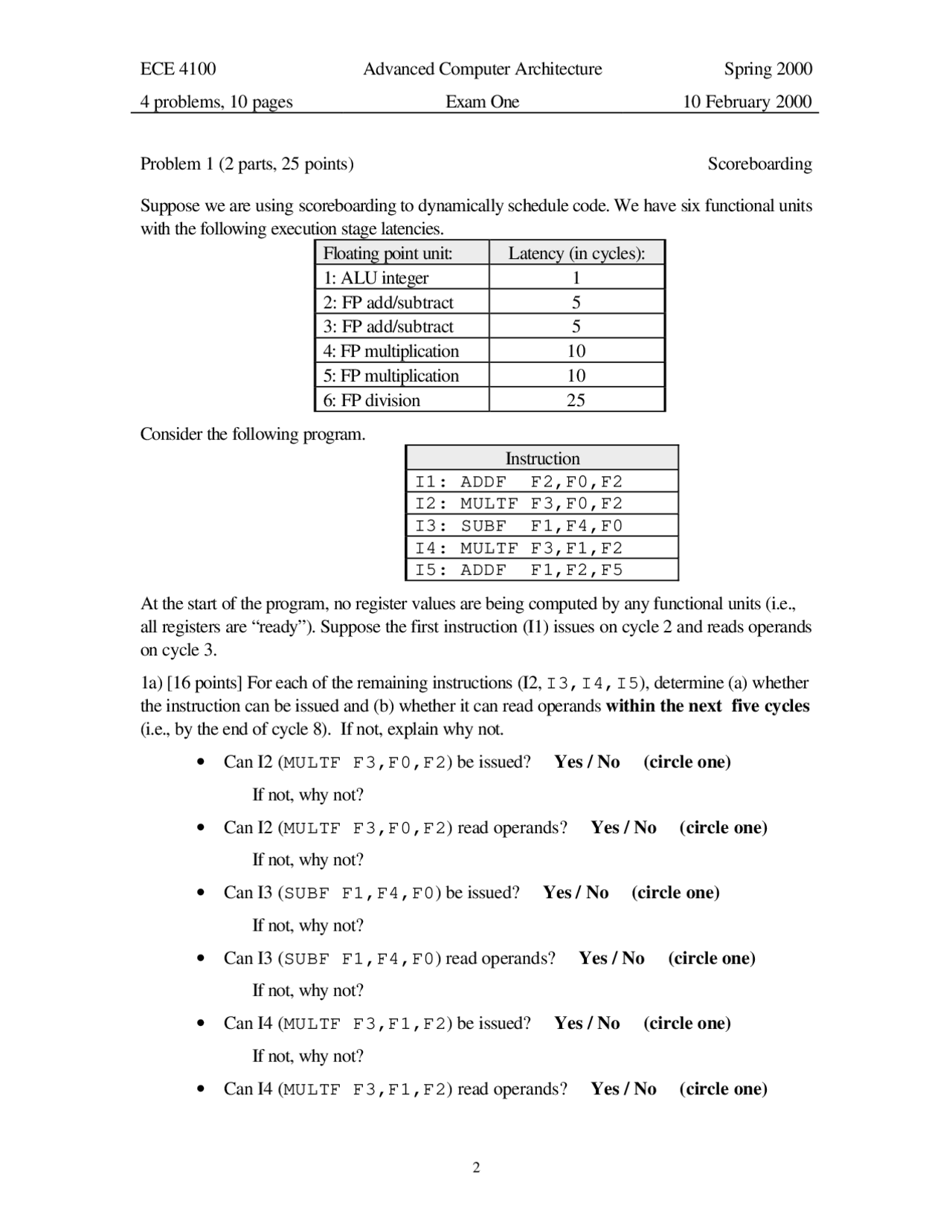 4 Problems Exam 1 - Advanced Computer Architecture | ECE 4100 - Docsity