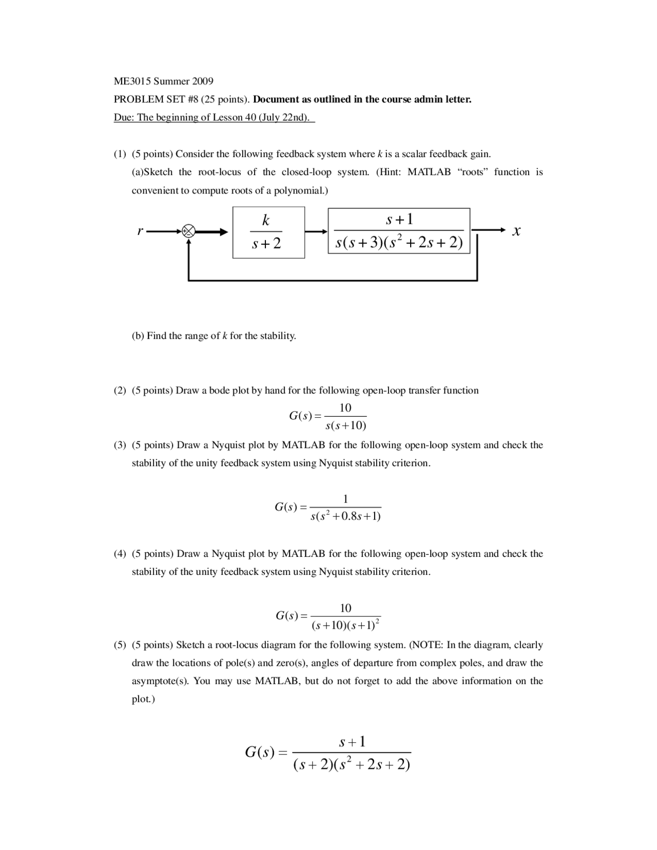 Systems dynamics and control problem set 8 me 3015 docsity