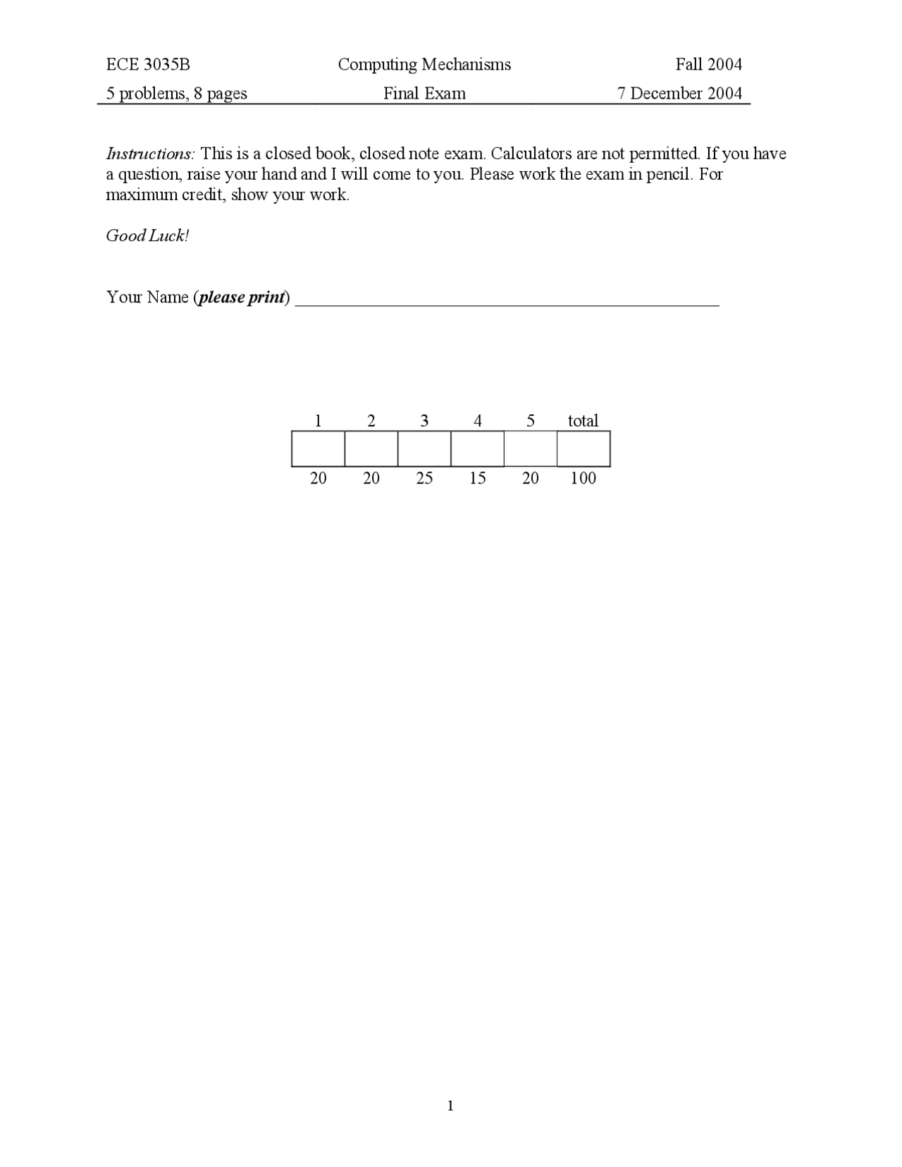Solved Problems on Computing Mechanism - Final Exam | ECE 3035 - Docsity
