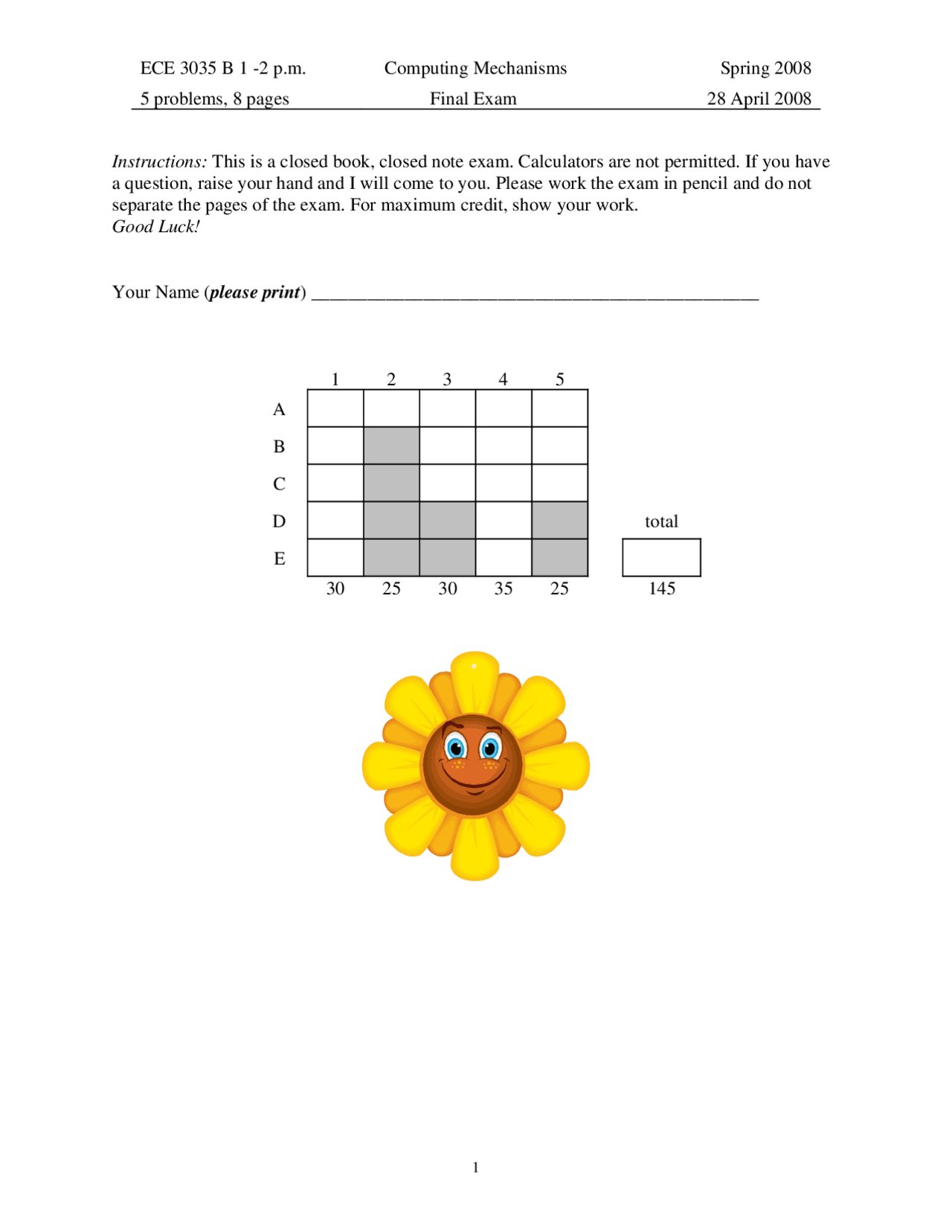 Final Exam for Mechanisms Computing System | ECE 3035 - Docsity