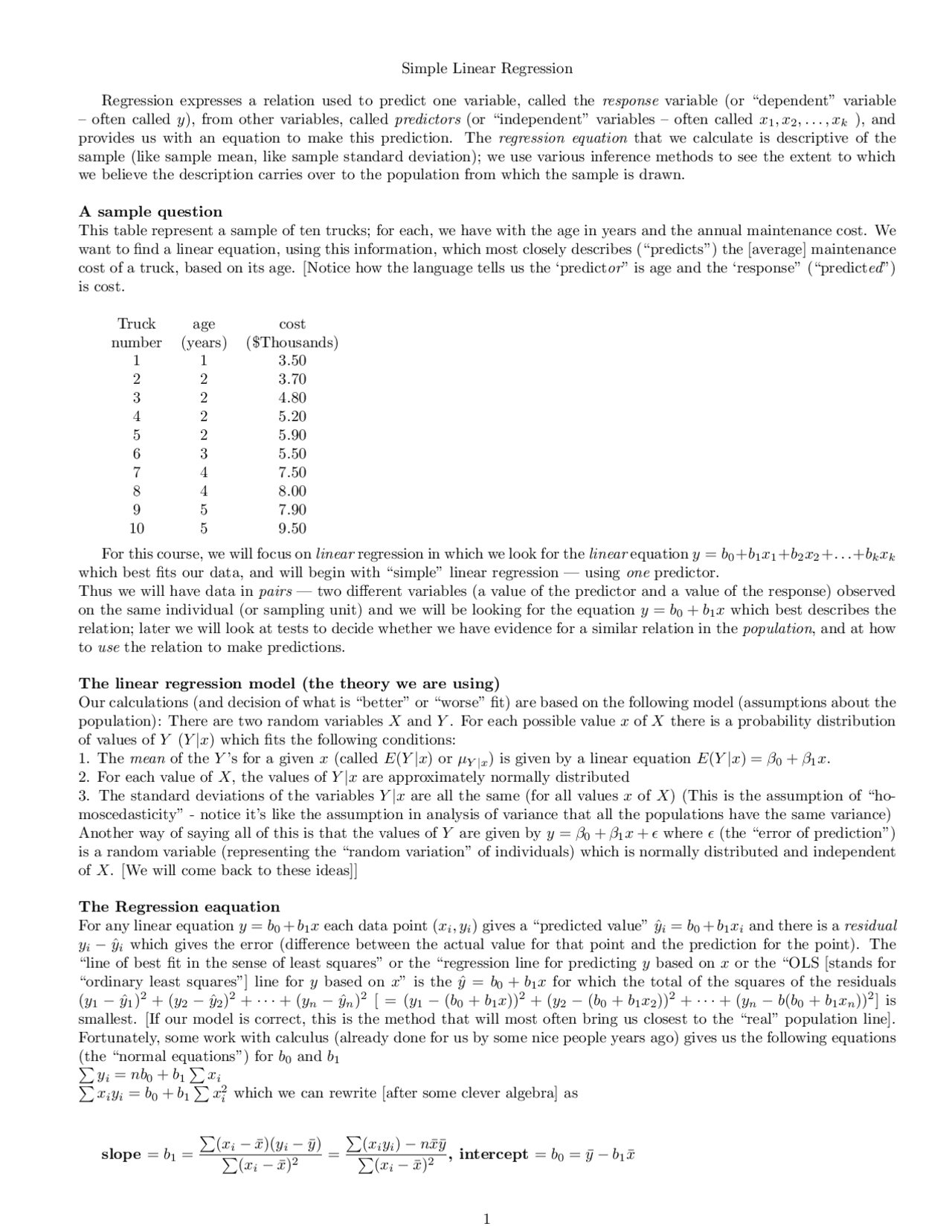 Lecture Notes on Simple Linear Regression | MATH 241 - Docsity