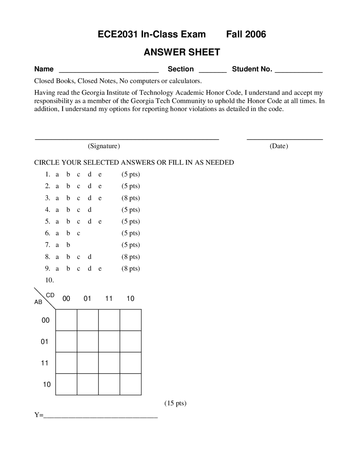 Answer Sheet of Exam on Digital Design Lab | ECE 2031 - Docsity