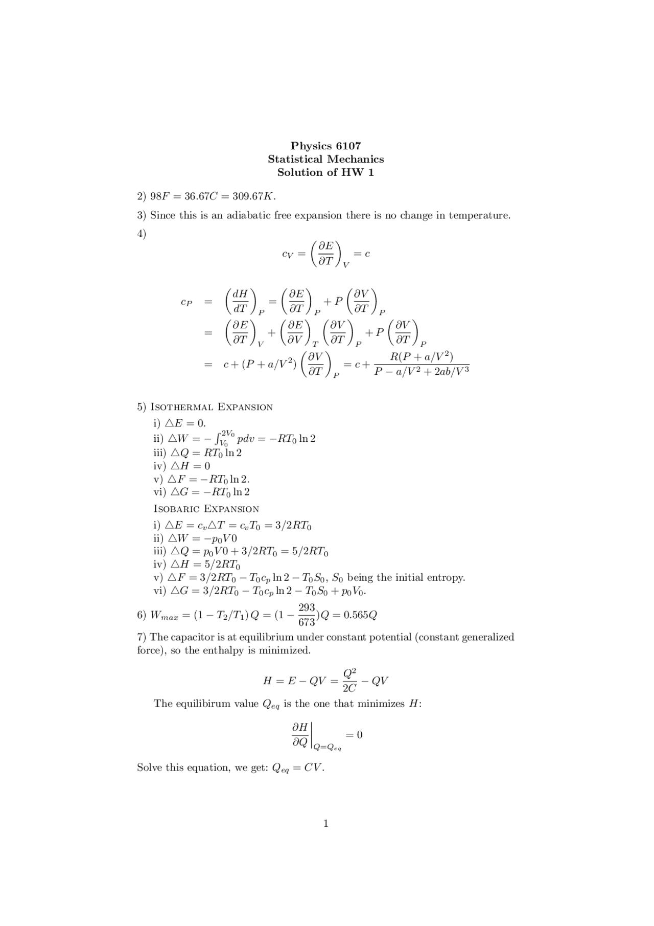 Solutions Of Homework 1 On Statistical Mechanics I Phys 6107 Docsity
