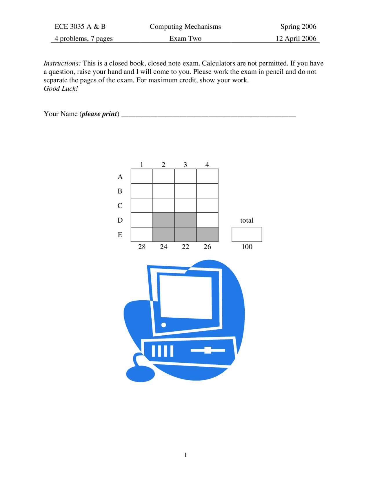 Exam 2 with 4 Problems - Mechanisms-Computing System | ECE 3035 - Docsity