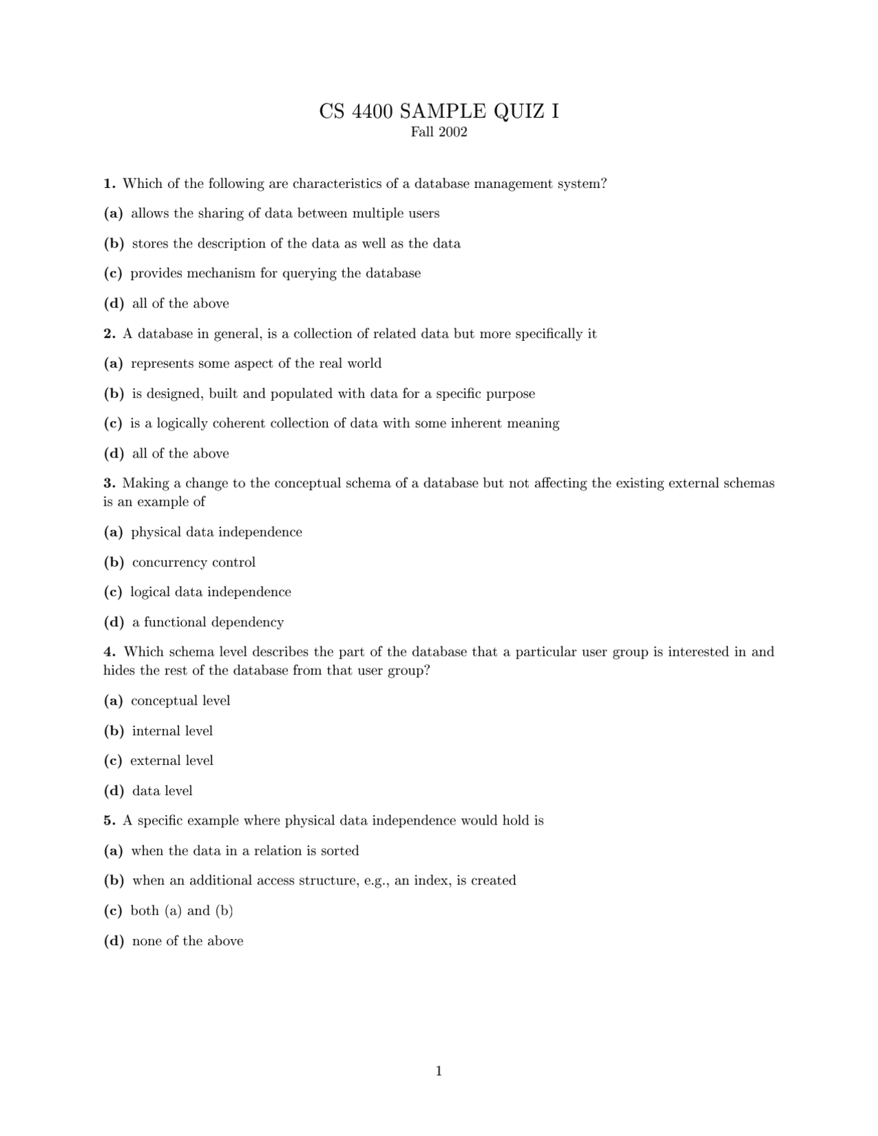 20 Solved MCQs on the Database Management - Quiz | CS 4400 - Docsity