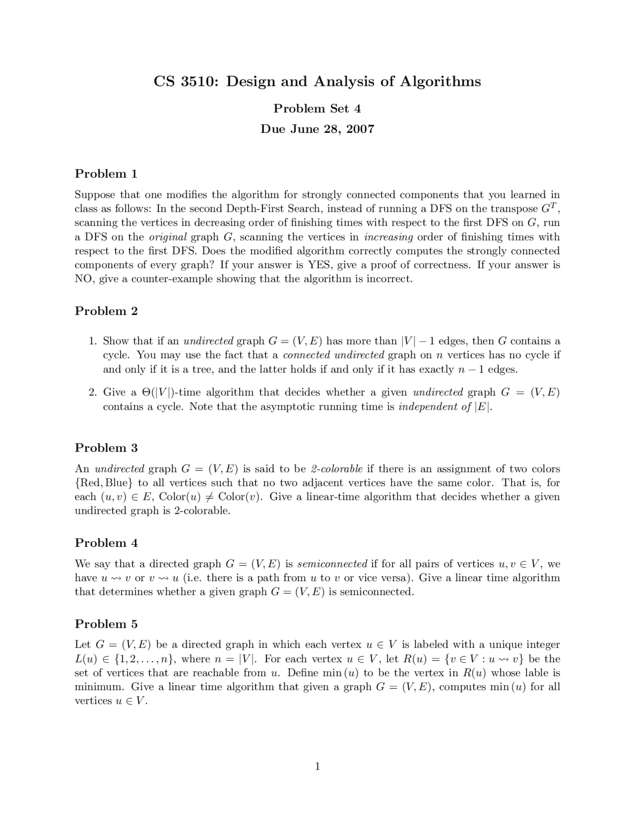5 Problems on Design and Analysis of Algorithms - Fall 2007 | CS 3510 ...