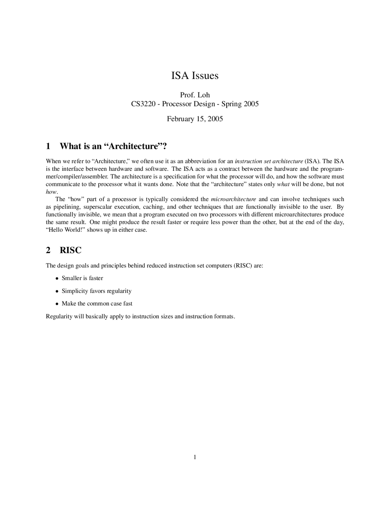 ISA Issues - Processor Design - Lecture Notes | CS 3220 - Docsity