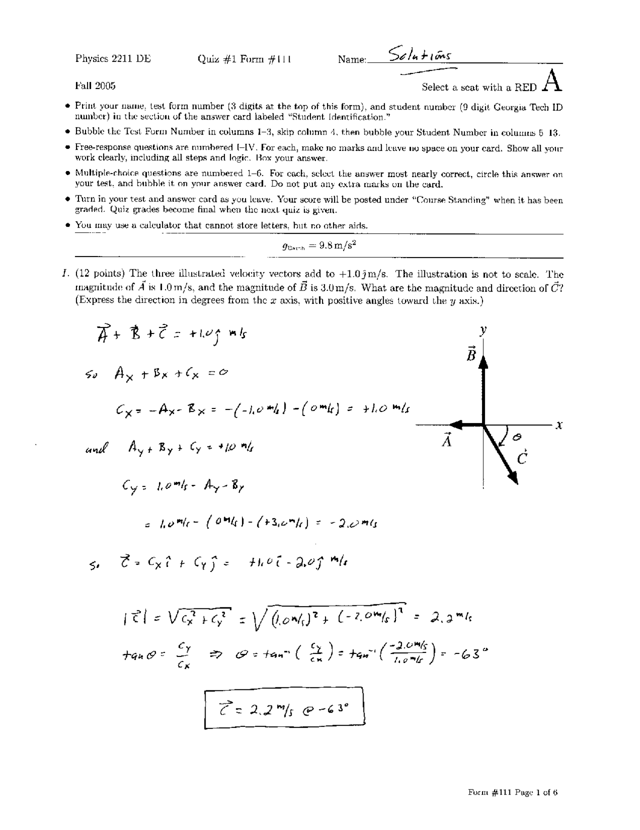 Introduction to Physics I - Quiz I Solved | PHYS 2211 - Docsity