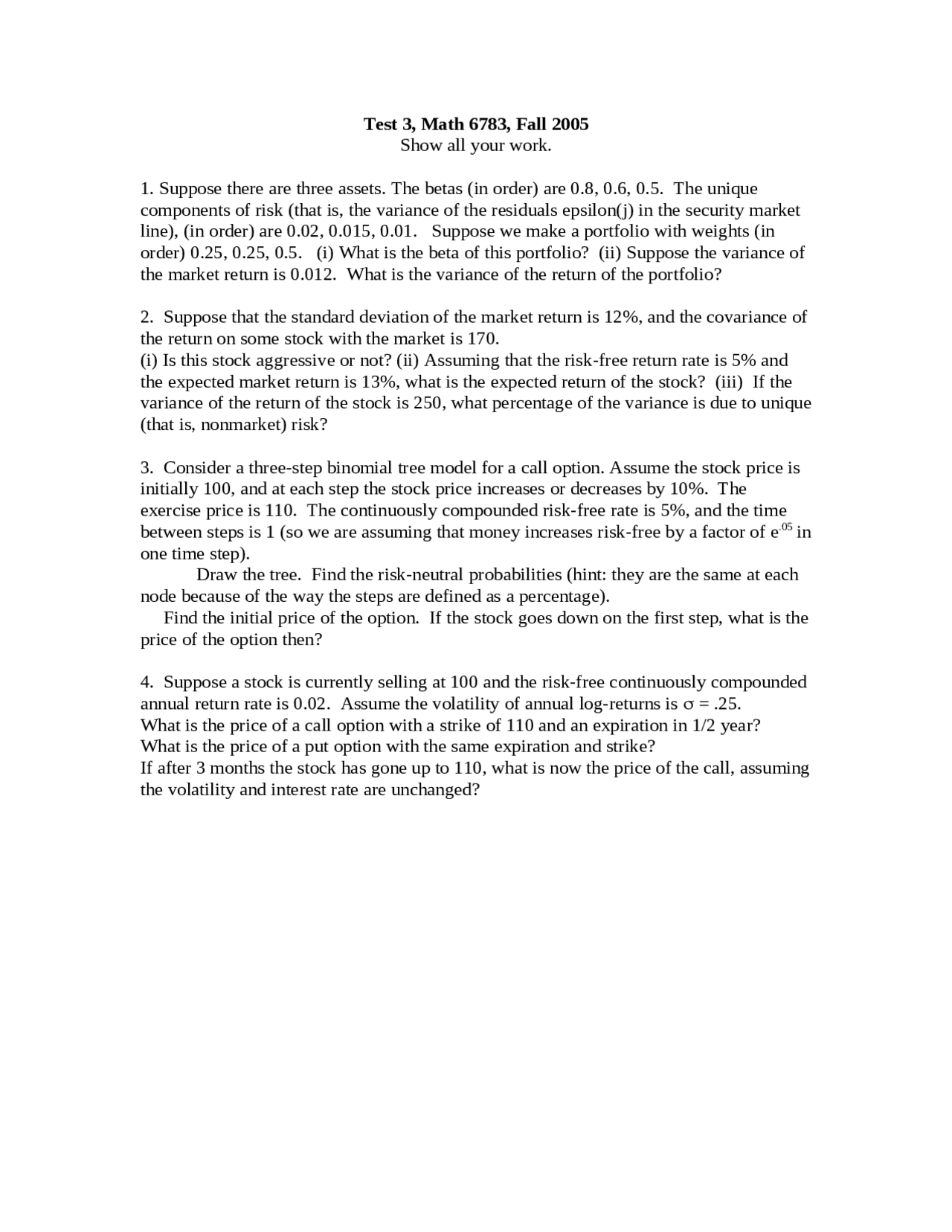 Practice Questions for Exam 3 - Financial Data Analysis | MATH 6783 ...