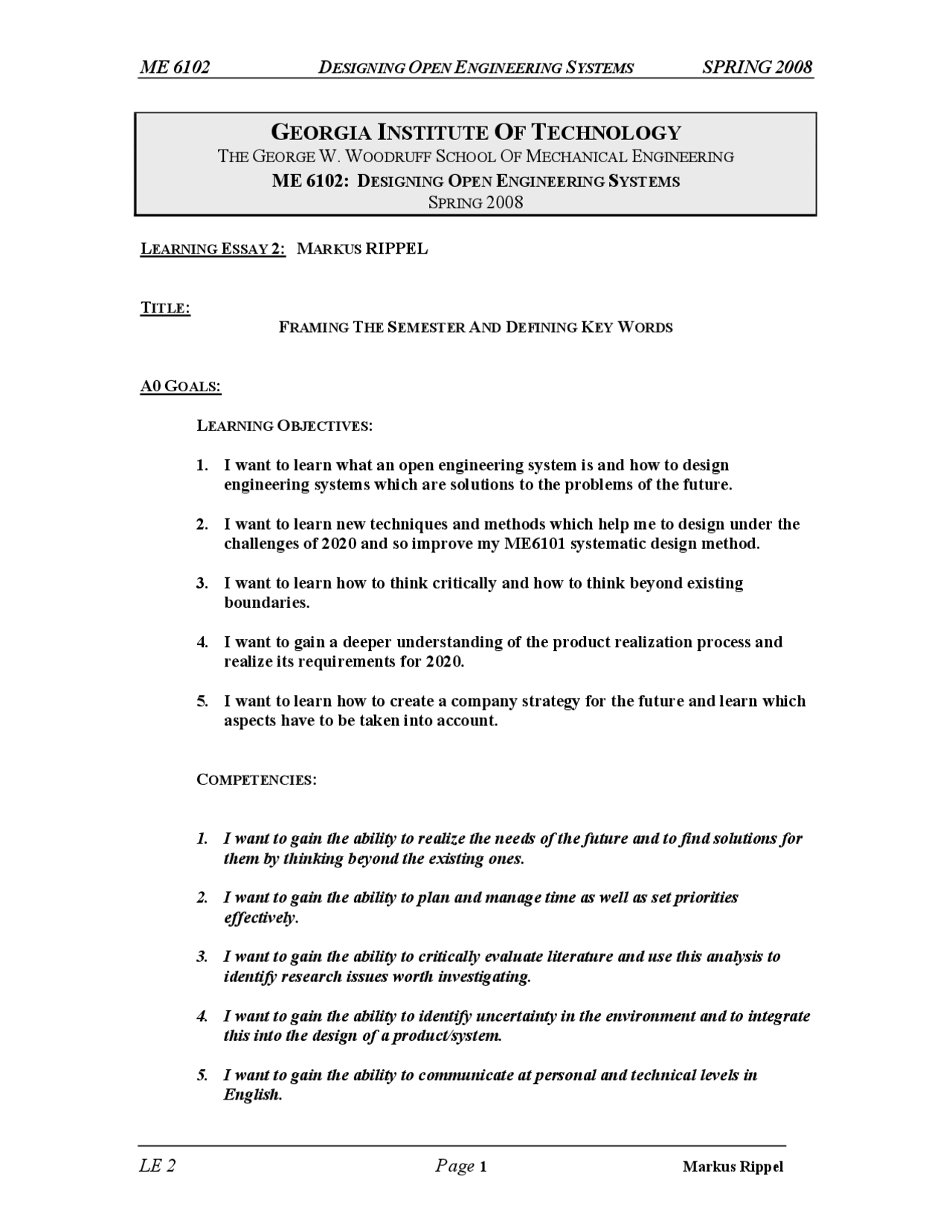 Framing the Semester and Defining Key Words ME 6102 Docsity