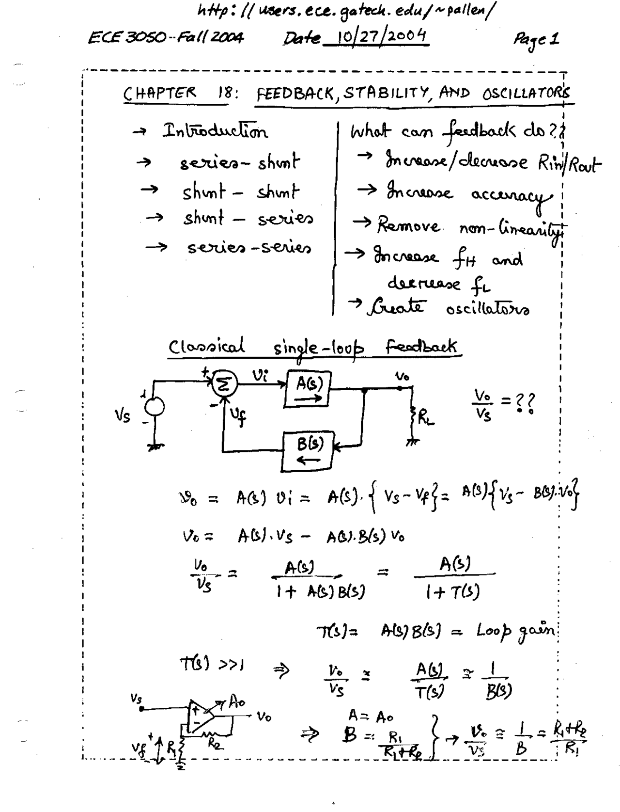 Feedback, Stability, and Oscillators Handwritten Notes ECE 3050 Docsity