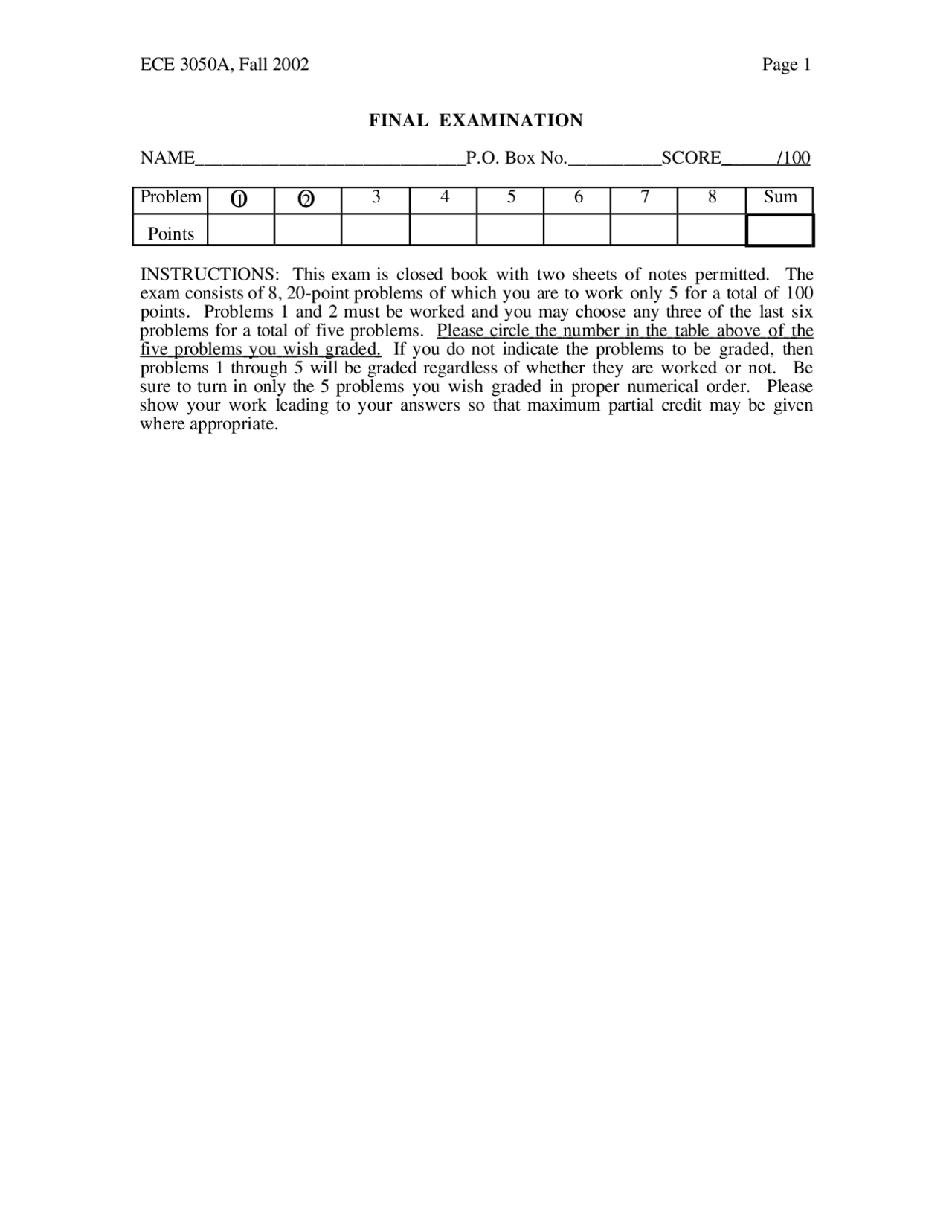 ECE 3050A Fall 2002 Final Exam - Electronic Circuits | Exams Electrical ...
