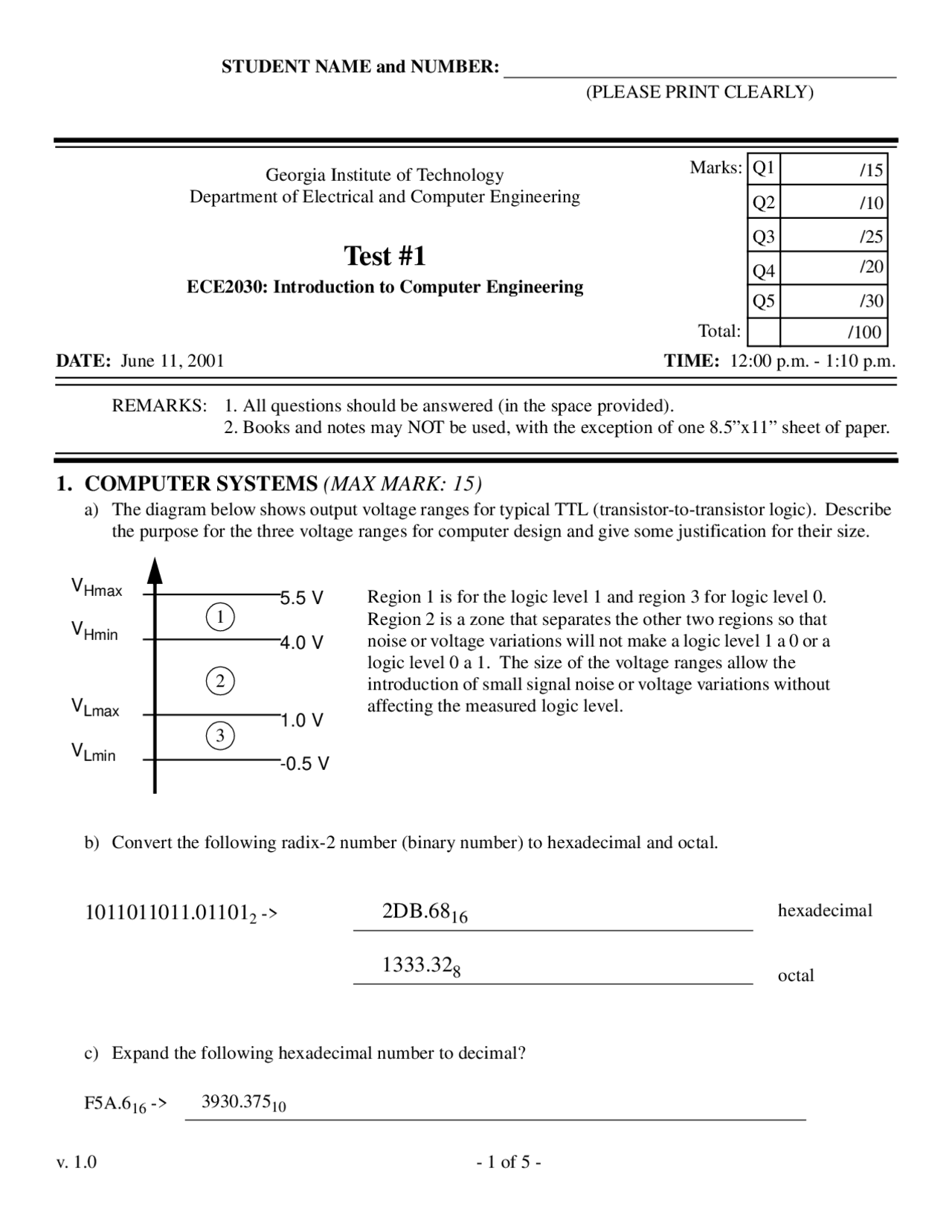 Review Sheet for Exam - Introduction to Computer Engineering | ECE 2030 ...