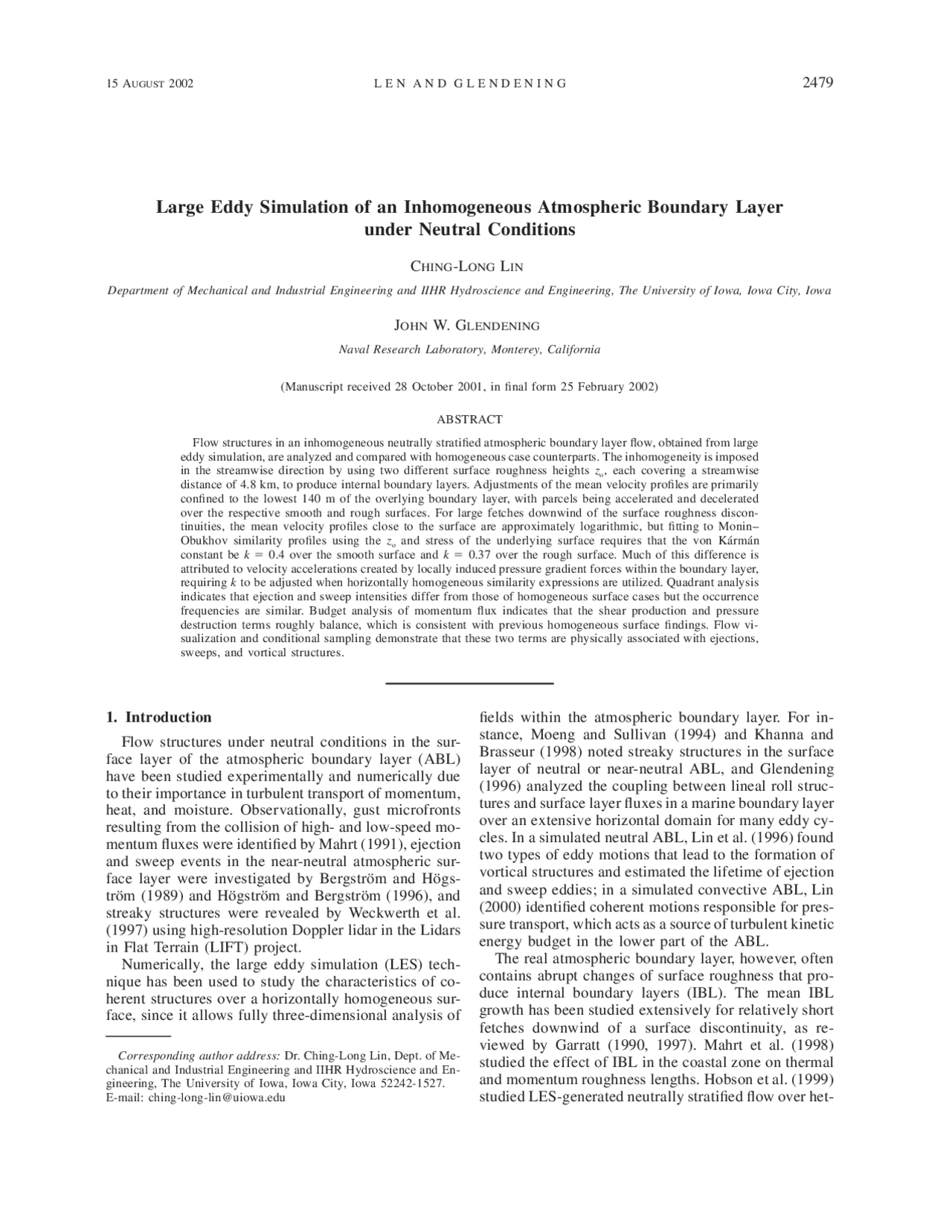 Large Eddy Simulation of an Inhomogeneous Atmospheric Boundary Layer ...