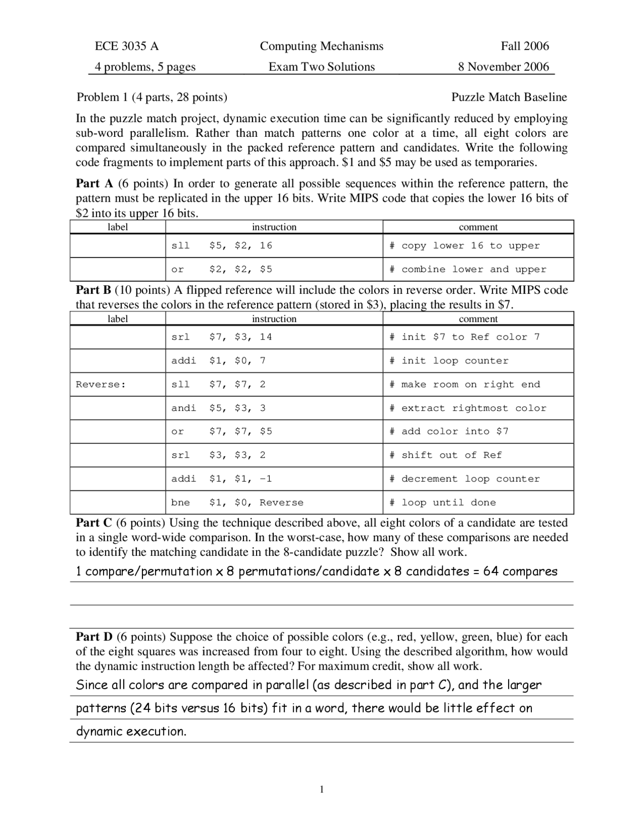 Exam 2 Solved Questions - Computing Mechanisms | ECE 3035 - Docsity