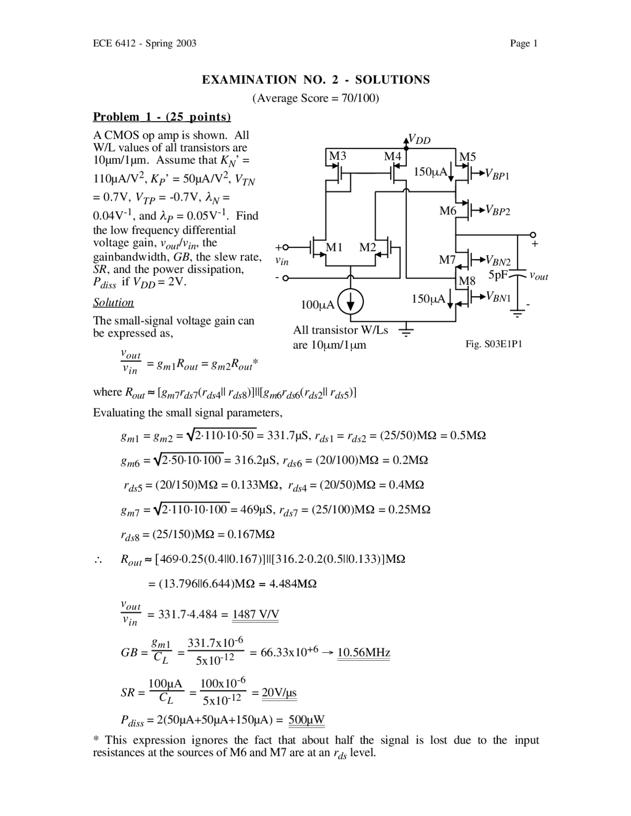 Exam 2 with Solutions Analog Integrated Circuit Design ECE 6412