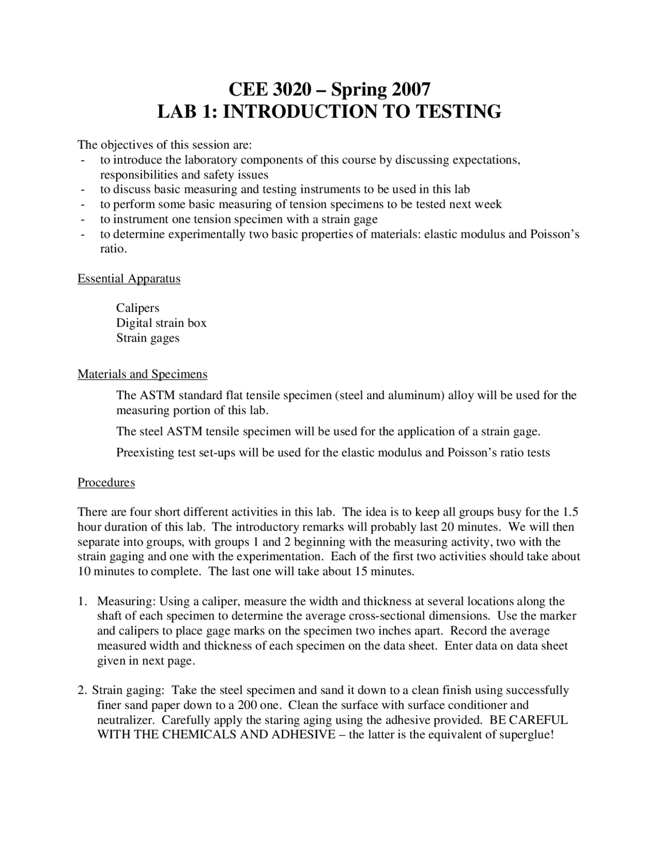 Laboratory 1 - Introduction to Testing | CEE 3020 - Docsity