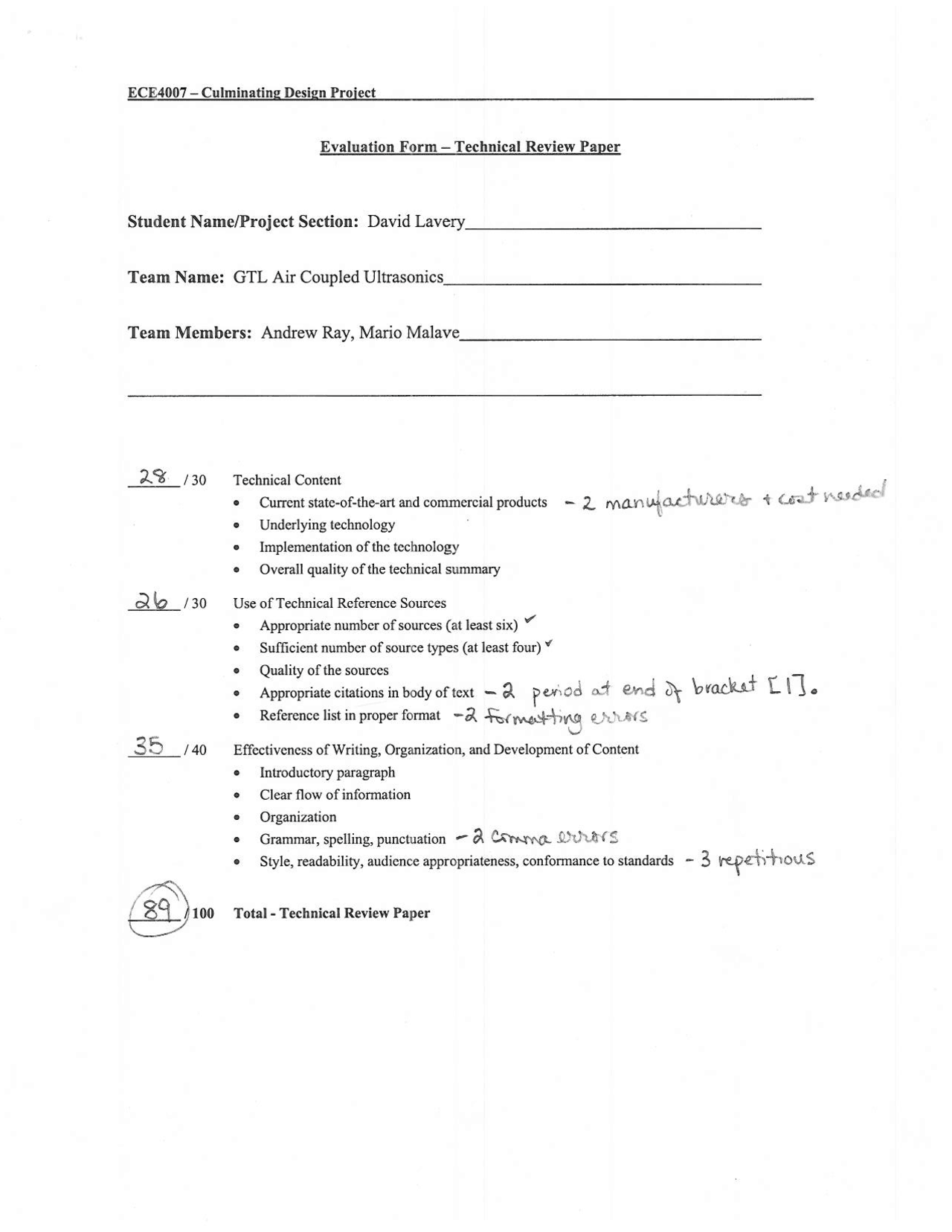 The Technical Review of the Evaluation Form - Paper | ECE 4007 - Docsity