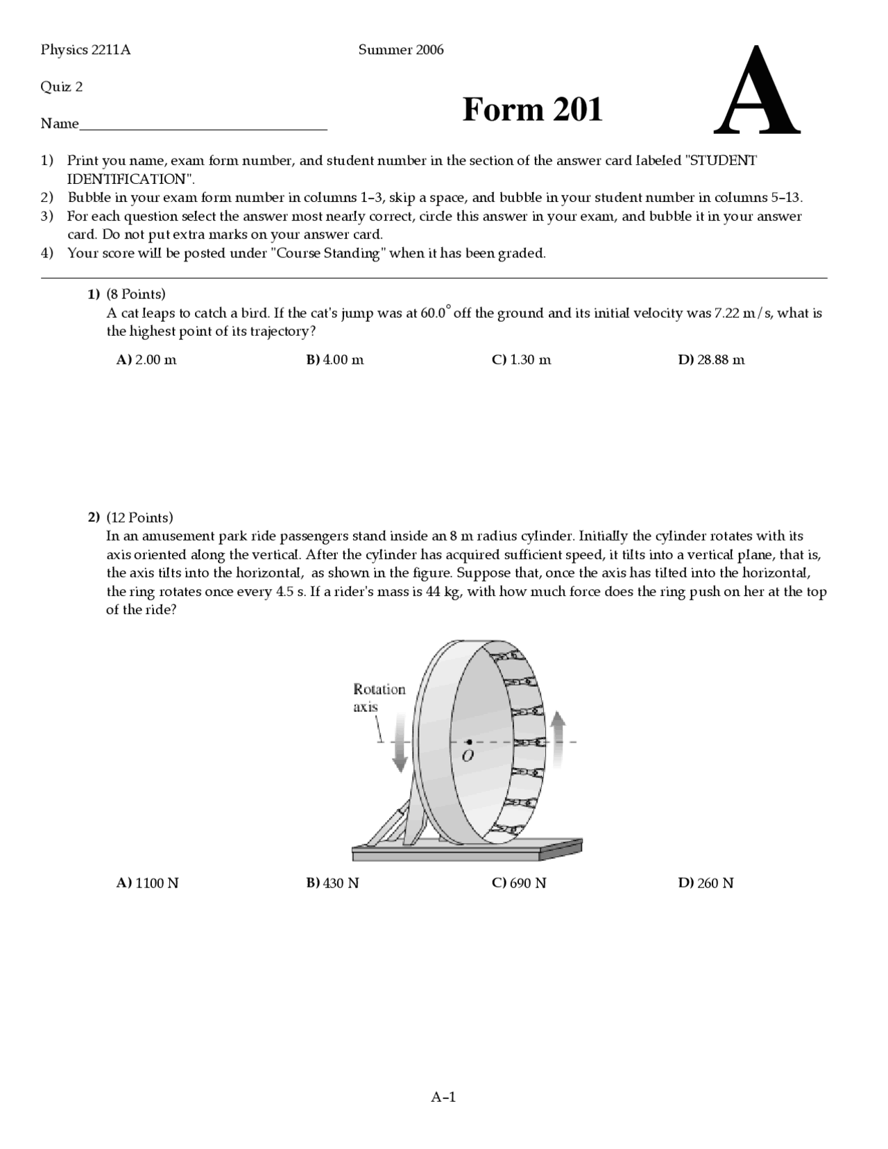 9 Problems in Quiz 2 - Introduction to Physics I | PHYS 2211 | Quizzes ...
