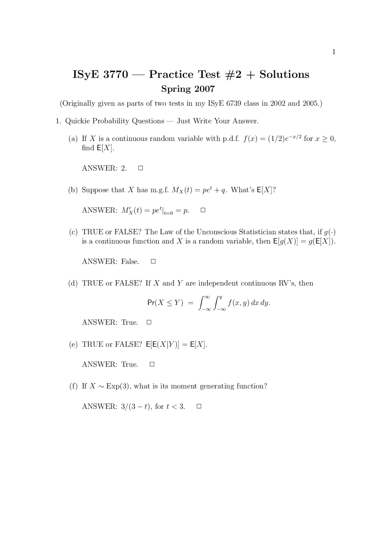 Practice Test 2 For Statistics And Applications Isye 3770 Docsity
