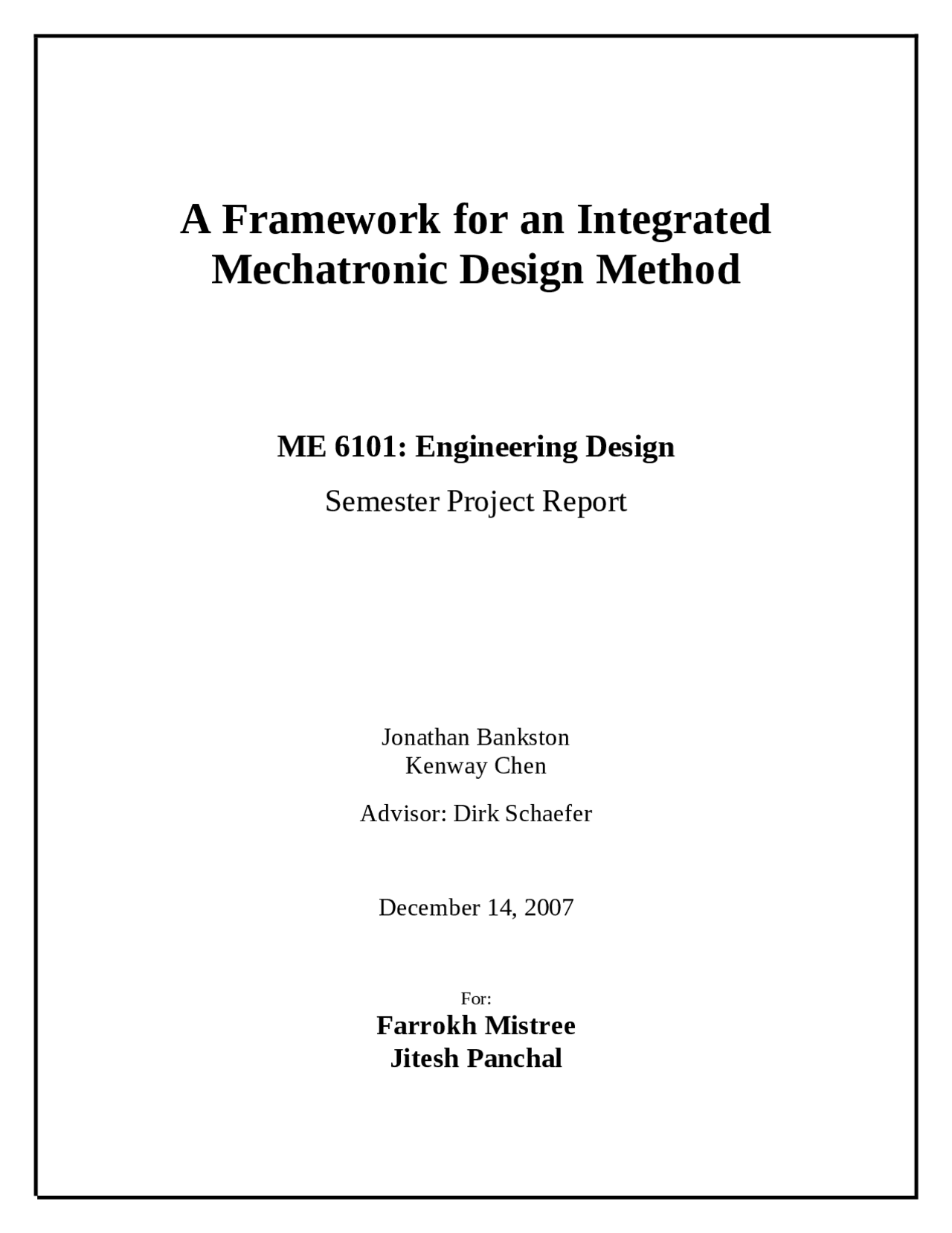 Framework for an Integrated Mechatronic Method - Project | ME 6101 ...