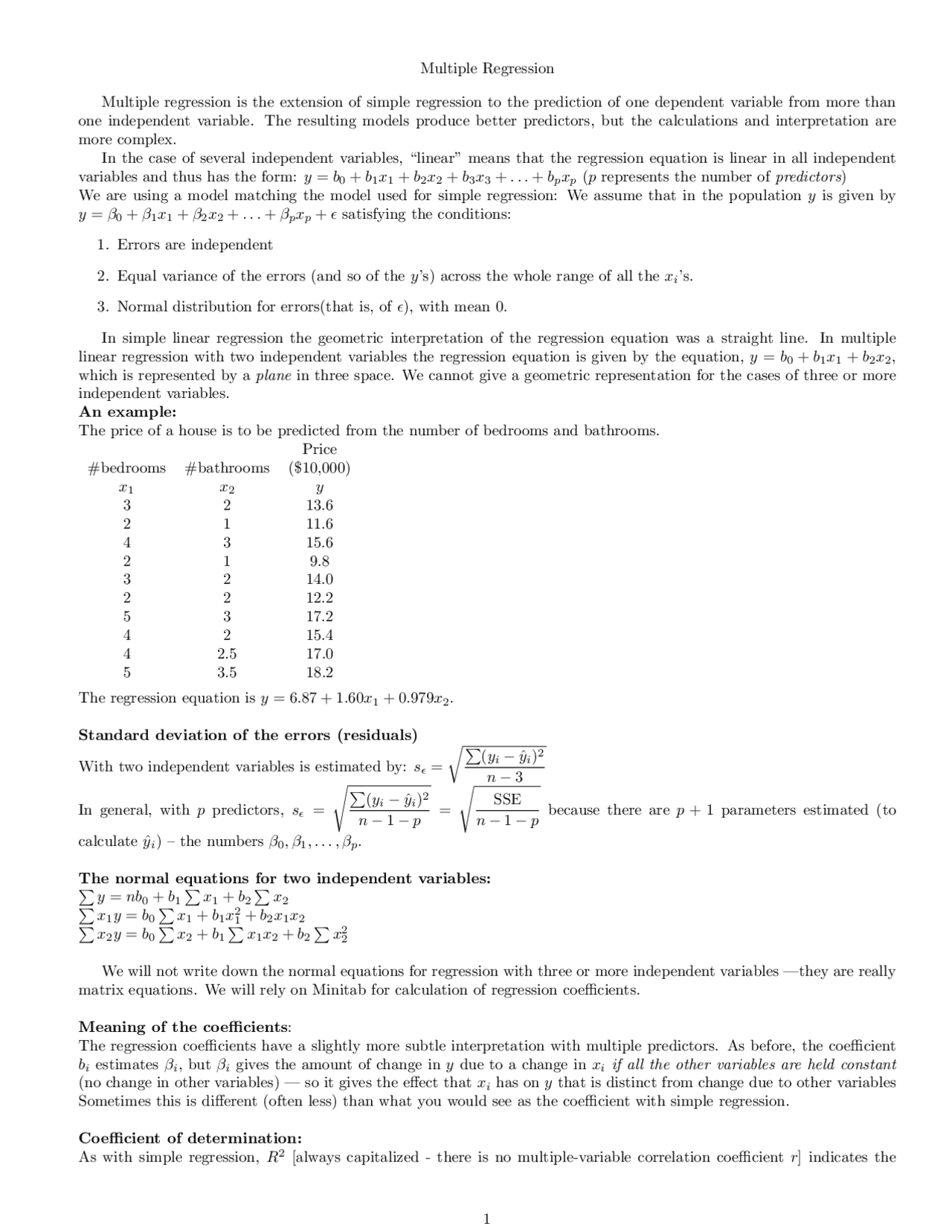 Multiple Regression With Math Notes on Multiple Regression - Statistical Applications | MATH 241 ...