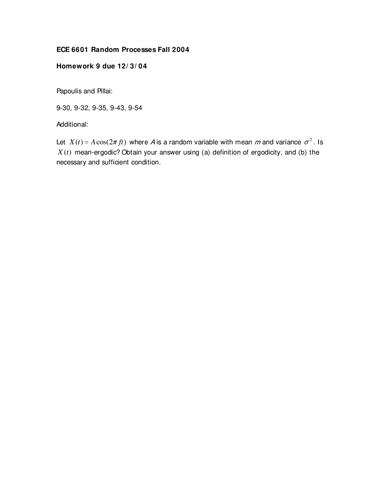 Random Processes - Homework 9 Problem - Fall 2004 | ECE 6601 ...