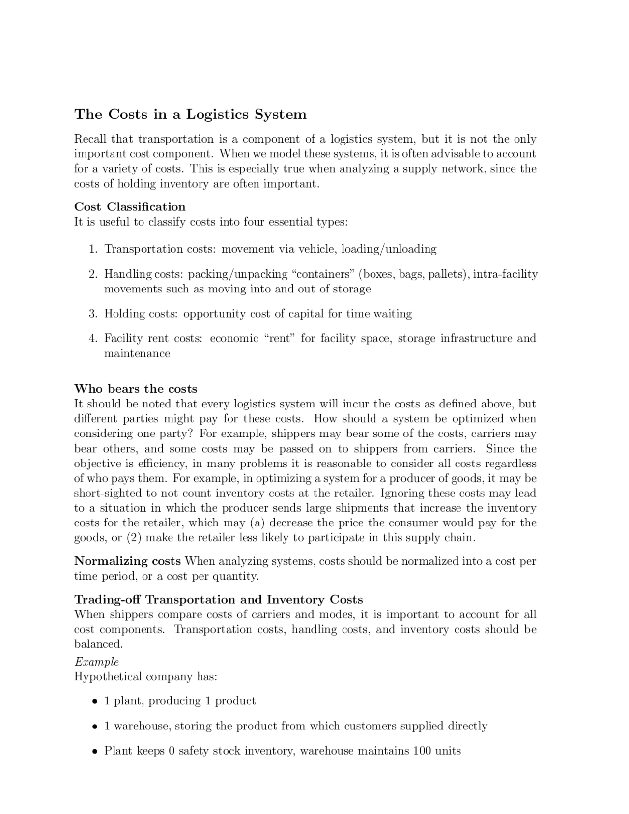 The Costs in Logistics System - Lecture Notes | ISYE 3103 - Docsity