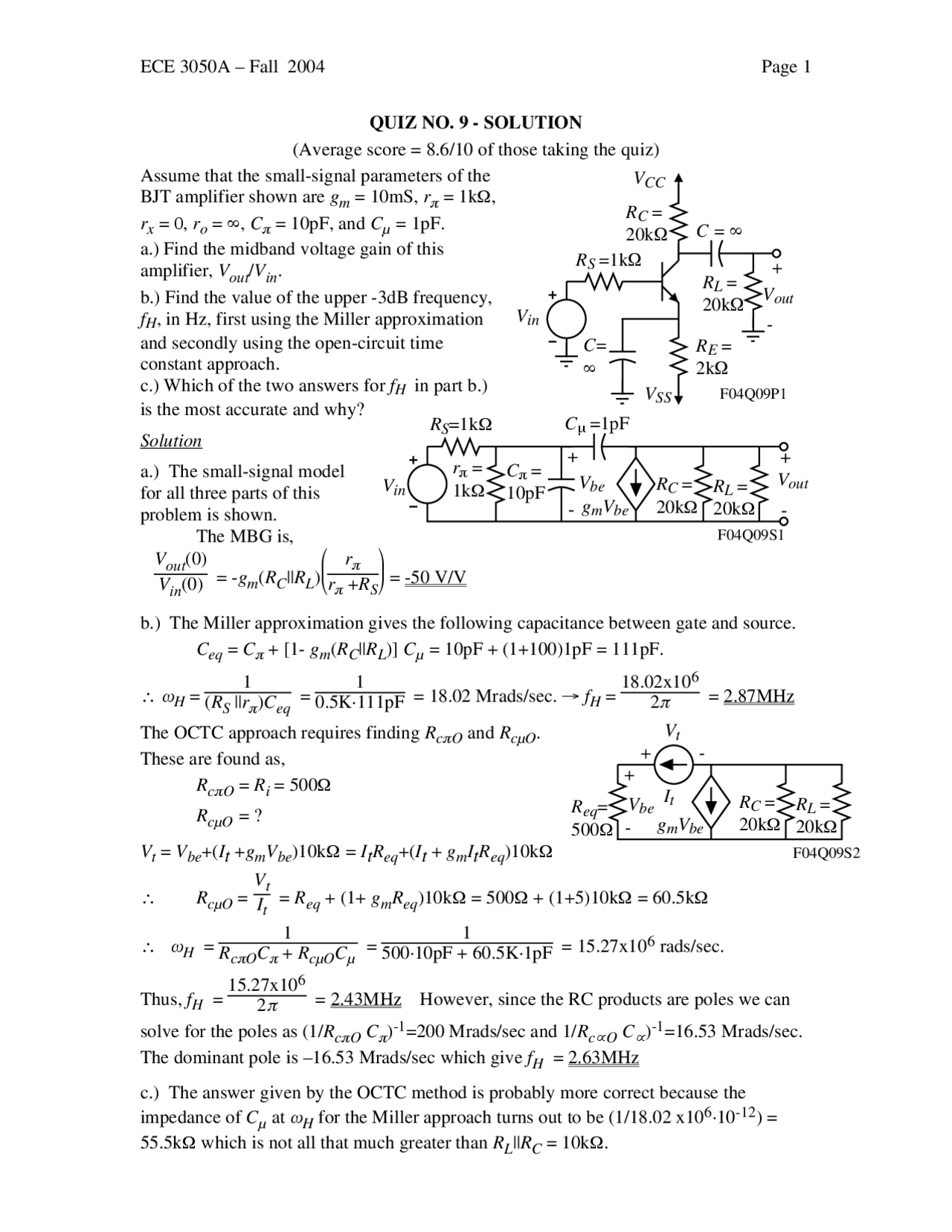 Solution to Quiz 9 in ECE 3050A - Fall 2004 for BJT Amplifier | Quizzes ...