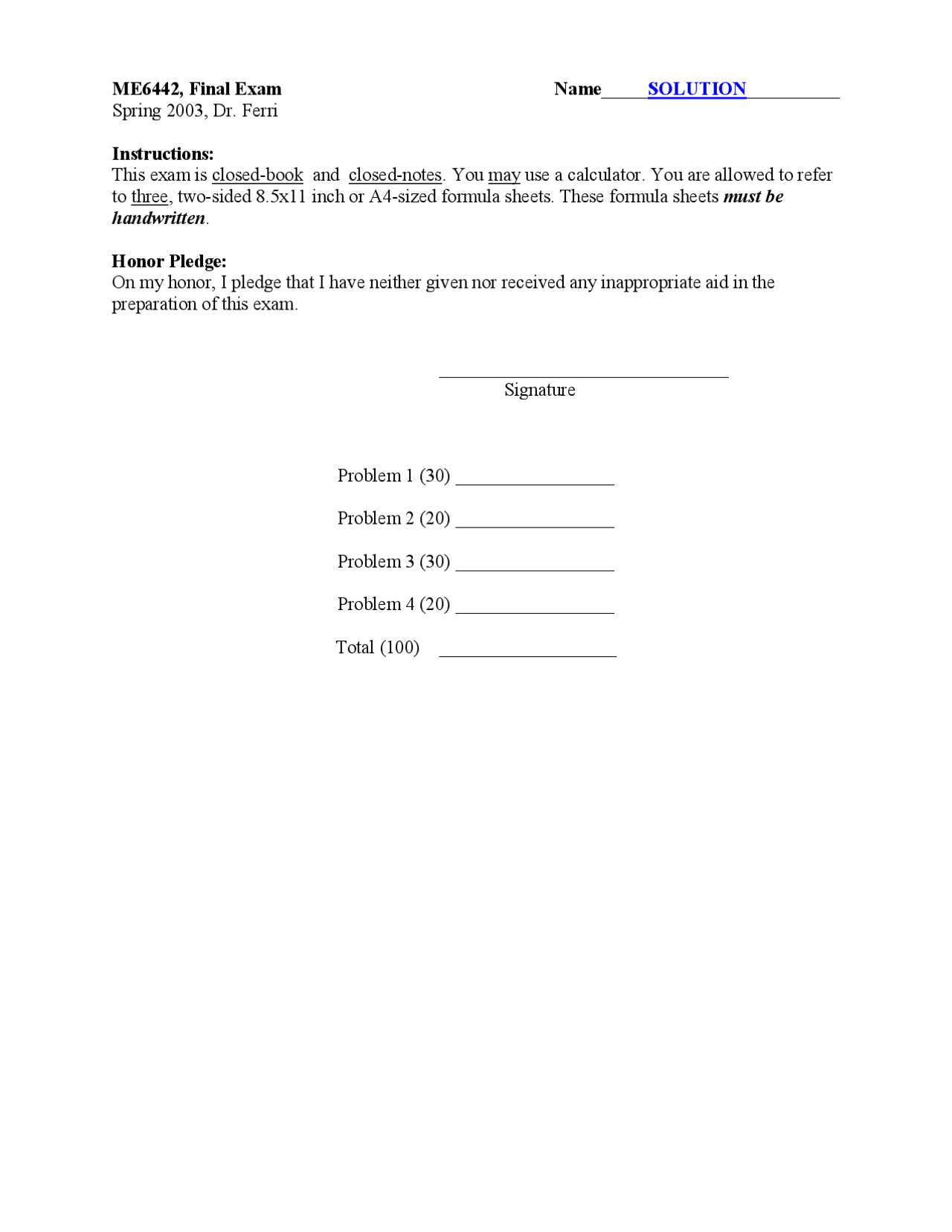 Solved Questions for VibrationMechanical System Final Exam ME 6442