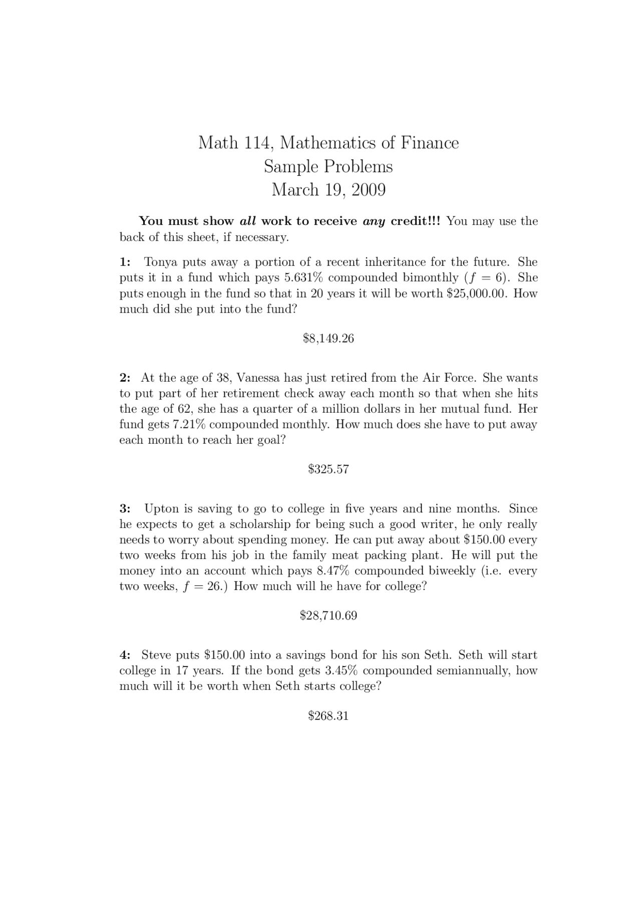 10 Questions on Mathematics of Finance - Assignment | MATH 114 - Docsity