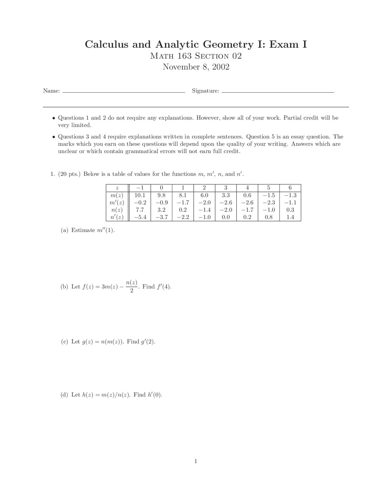 Exam 2 Unsolved Questions - Fall 2002 | MA 163 | Exams Mathematics ...