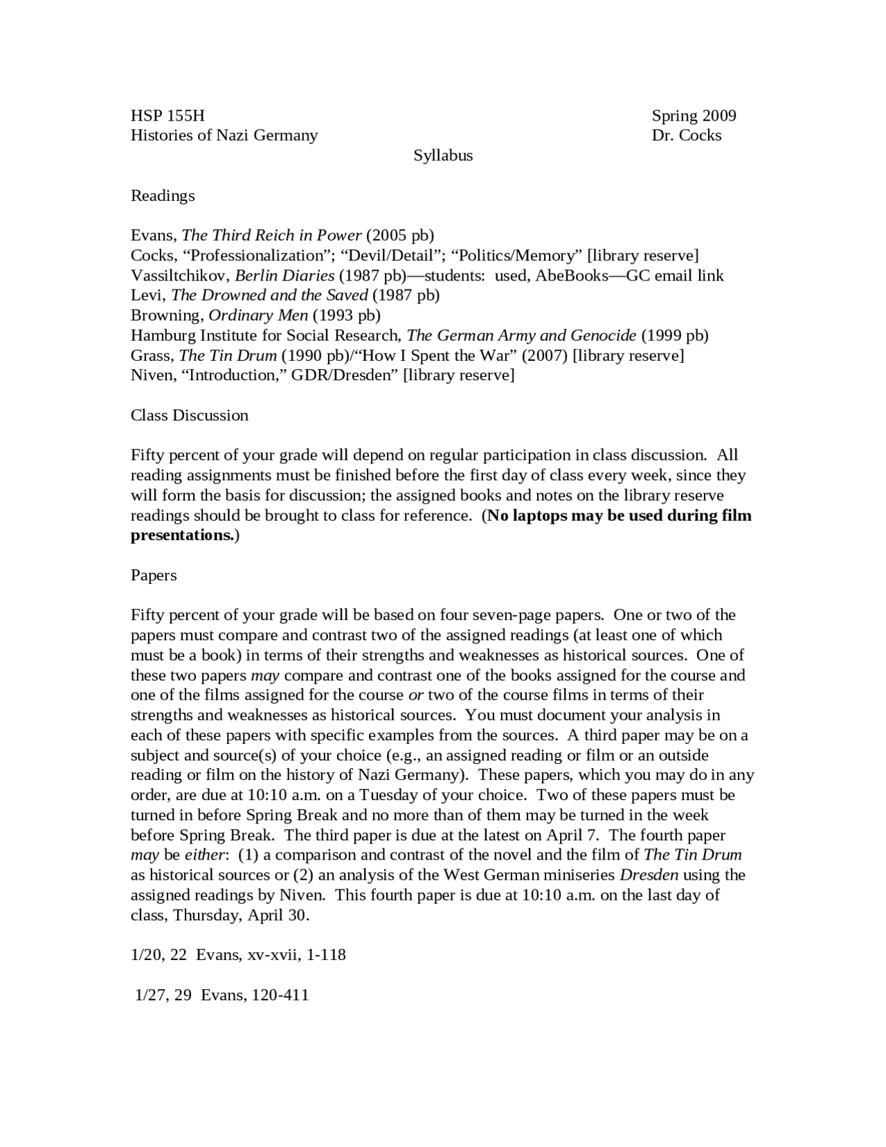 Histories of Nazi Germany Syllabus HSP 155H Docsity