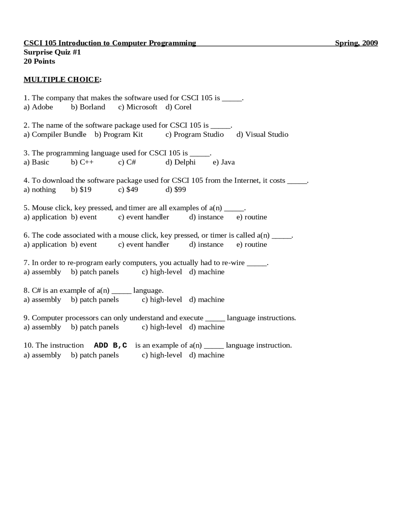 21 MCQs on the Computer Programming - Quiz 1 | CSCI 105 | Quizzes ...
