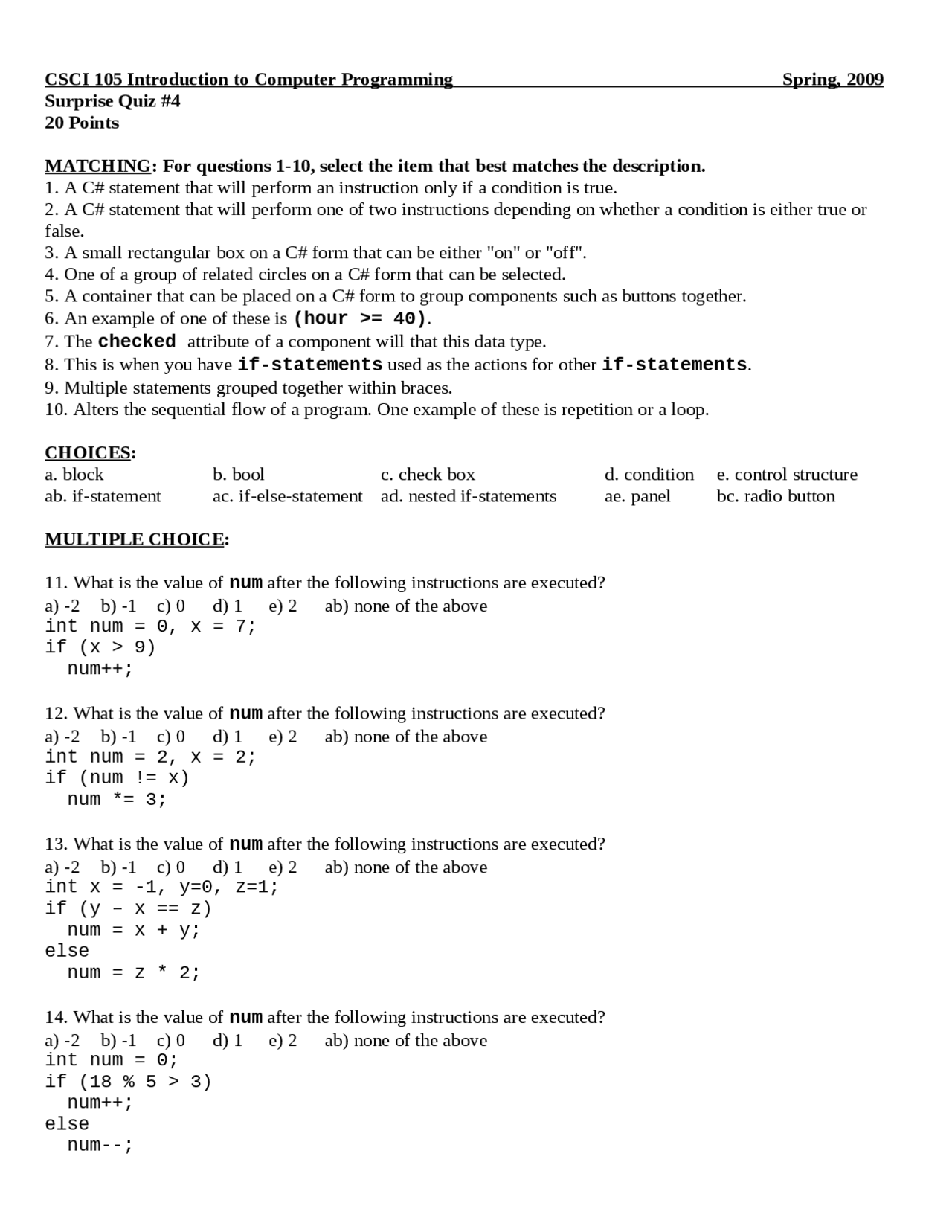 Introduction to Computer Programming - Quiz 4 Problems | CSCI 105 ...