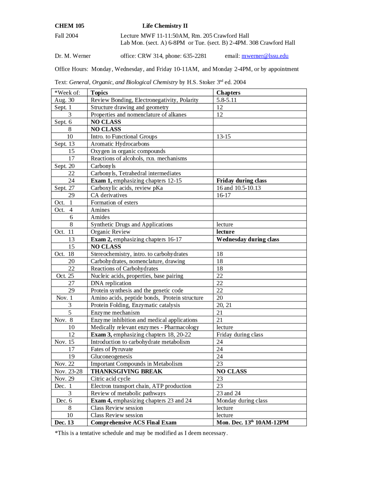 Exam 1 for Chemistry | Life Chemistry II | CHEM 105 - Docsity