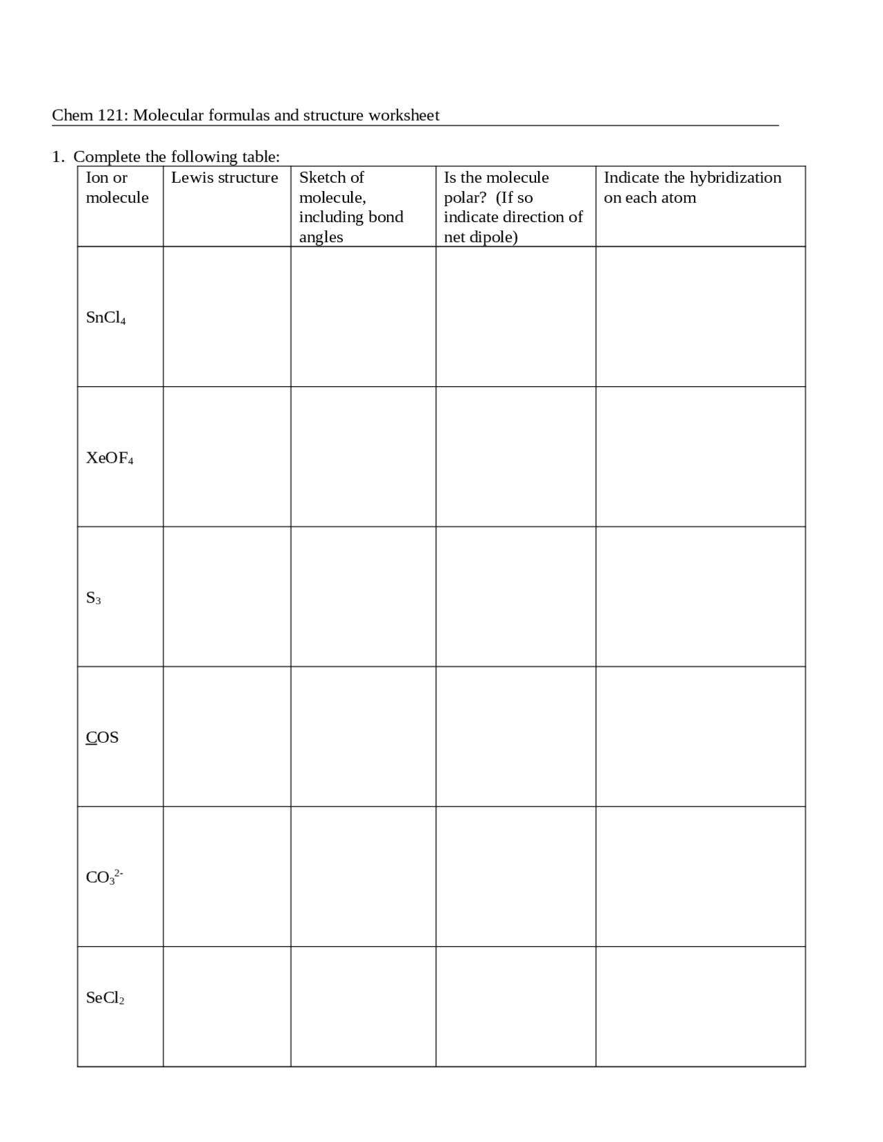 Molecular Formulas and Structure Worksheet | Exam 3 | CHEM 121 - Docsity