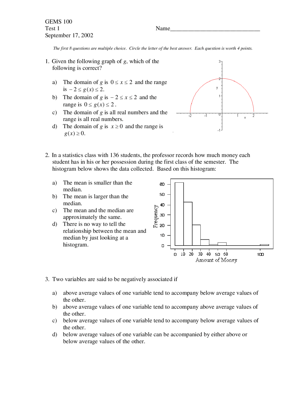 Gems Questions Math Practice Test 1 - Understanding Our Quant World - 2002 | GEMS 100 - Docsity