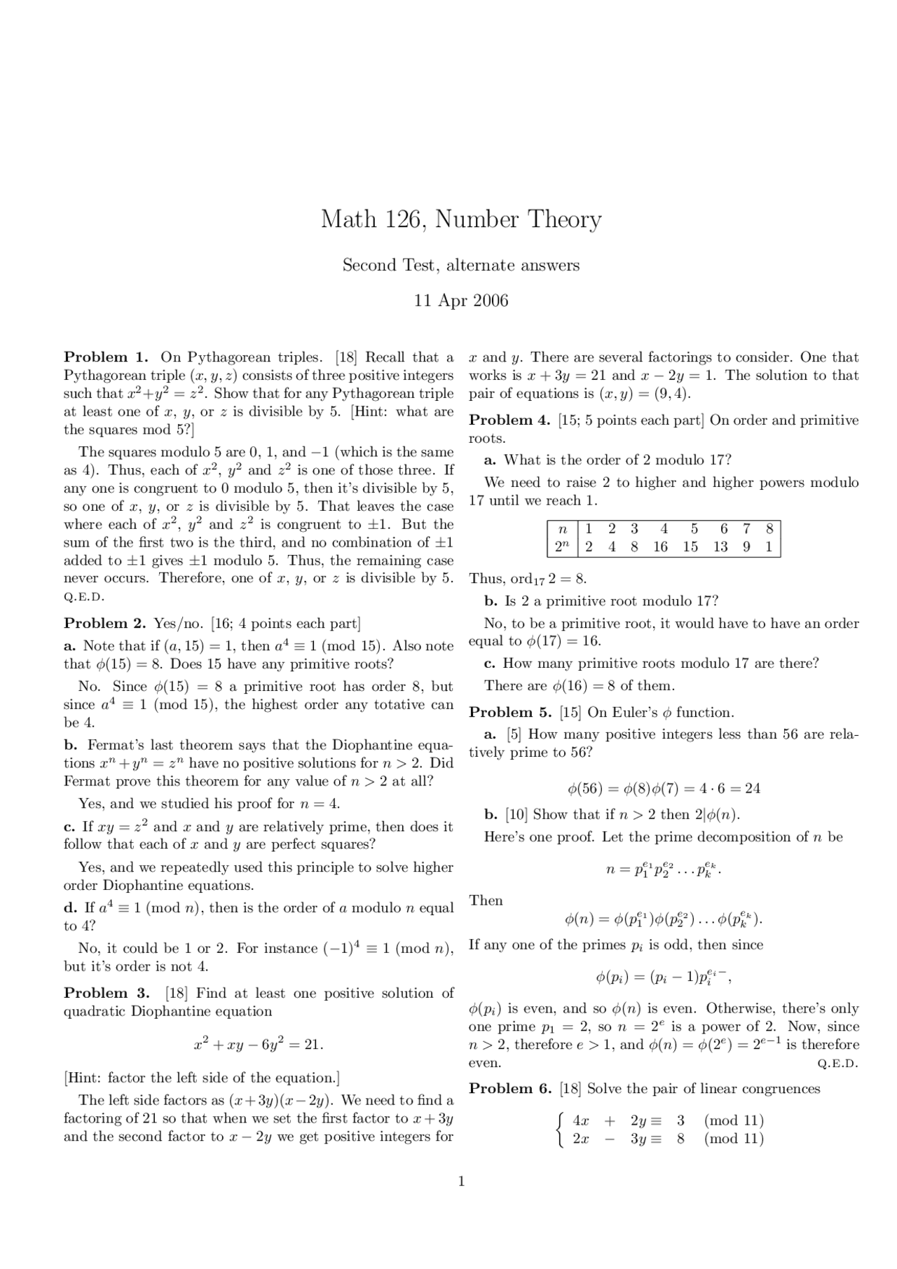 Math 126ee Second Test with Answers - Number Theory | MATH 126 - Docsity