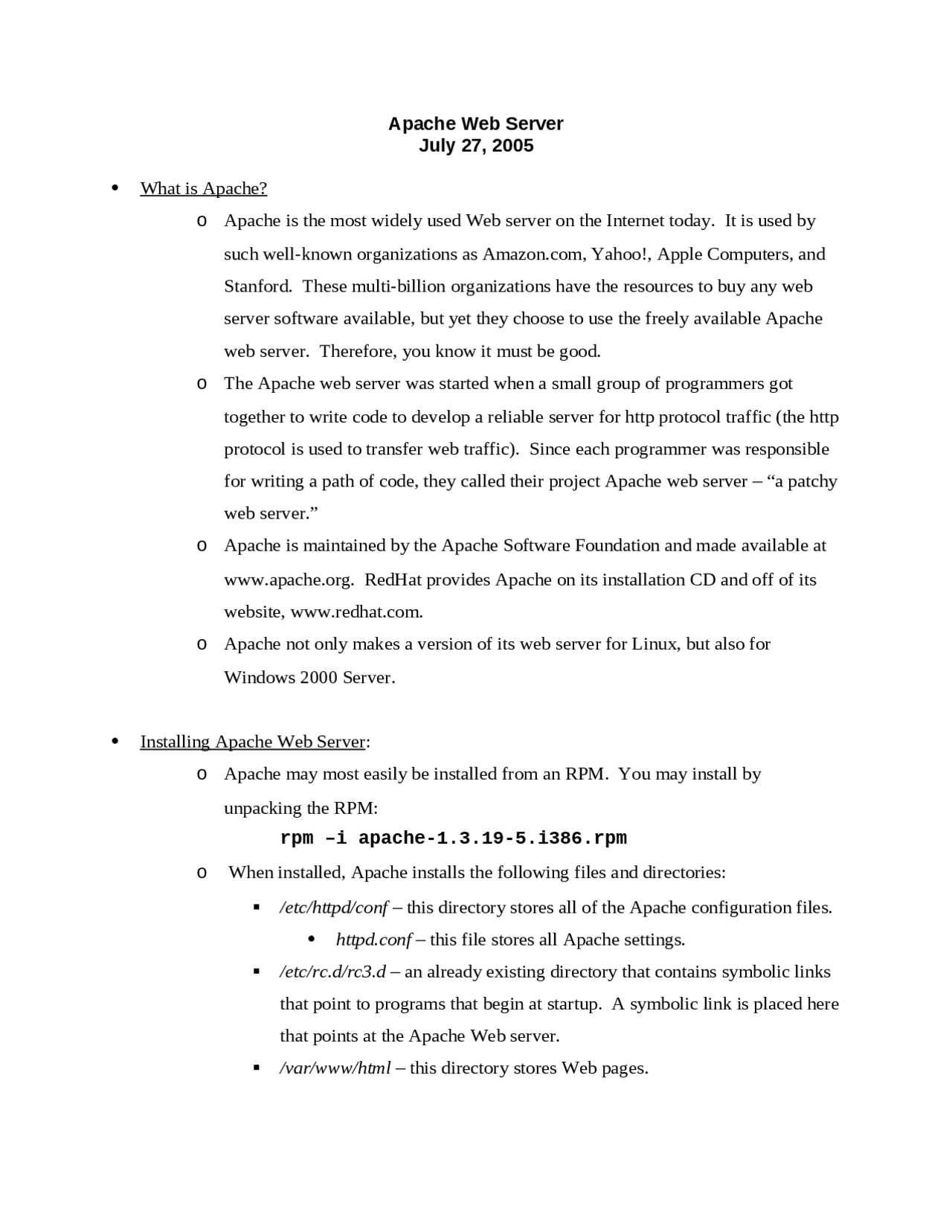 Apache Web Server - Lecture Notes | BU 399 - Docsity