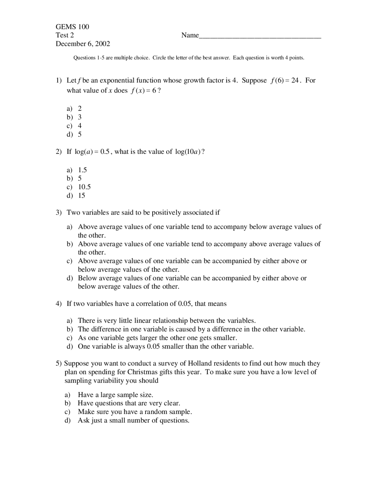 15 Questions Exam 2 - Understanding Our Quant World | GEMS 100 - Docsity