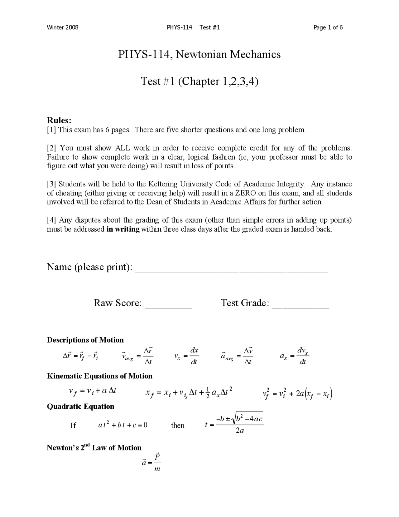 6 Problems for Old Test 1 - Newtonian Mechanics | PHYS 114 - Docsity