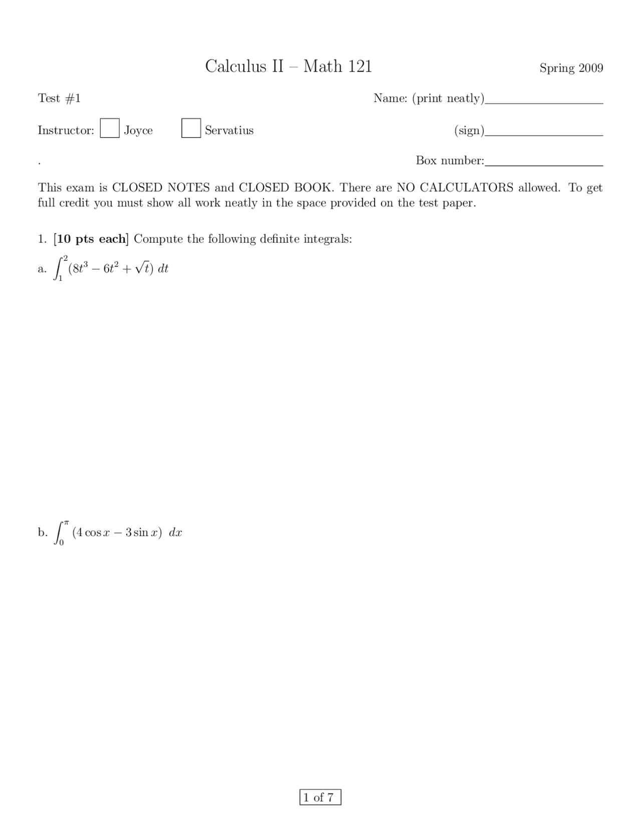 7 Problems in Test 1 - Calculus II | MATH 121 - Docsity