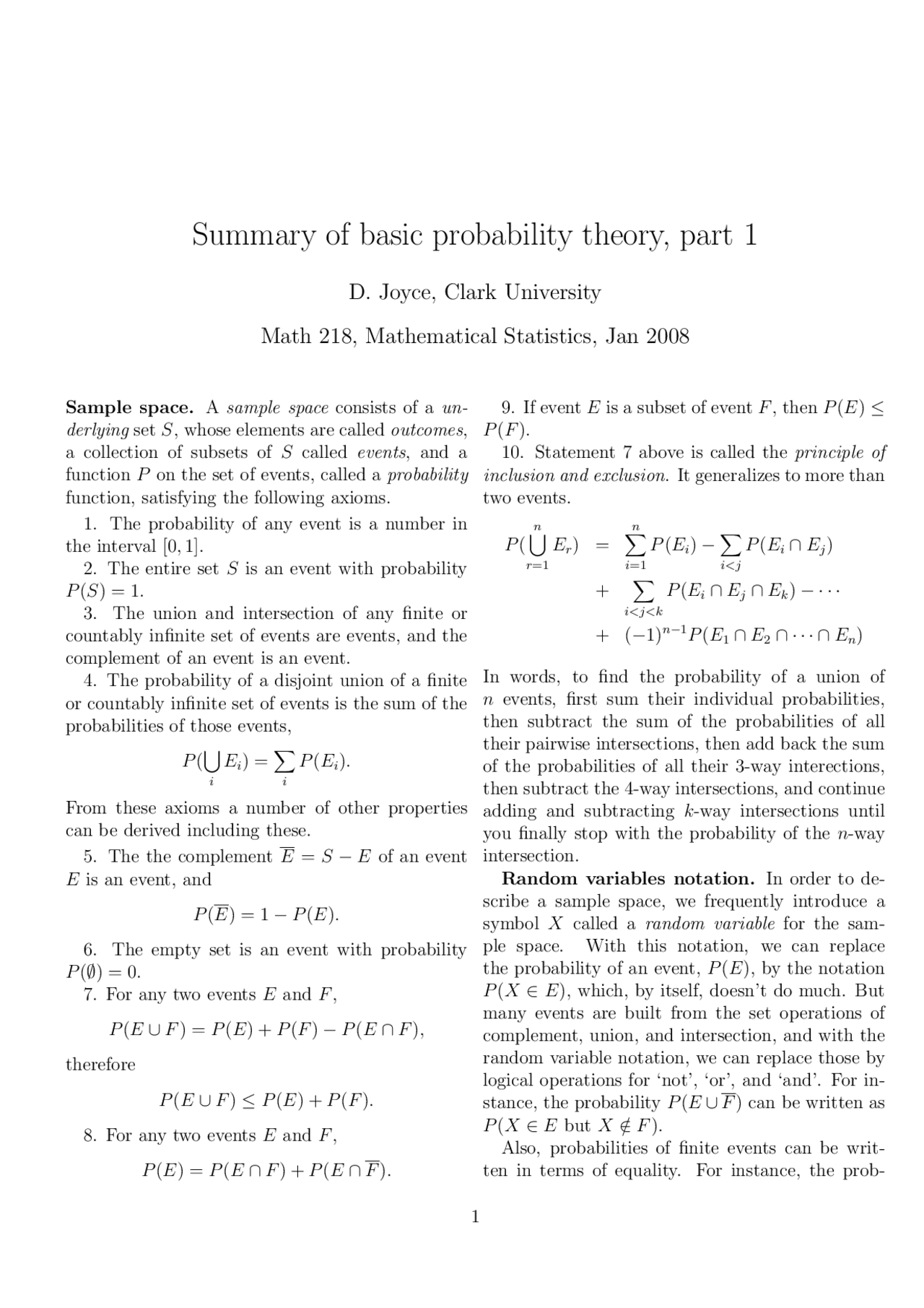 Random Variable Mathmatic Notation Random Variables Notation and Discrete Distribution | MATH 218 - Docsity