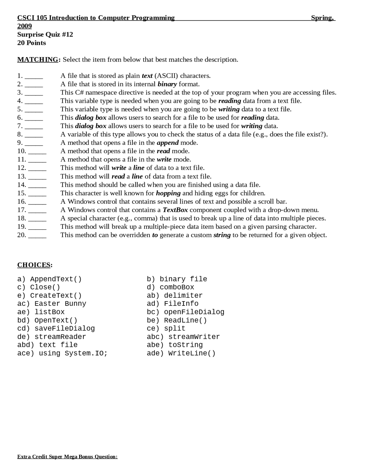 Introduction to Computer Engineering - Surprise Quiz 12 | CSCI 105 ...