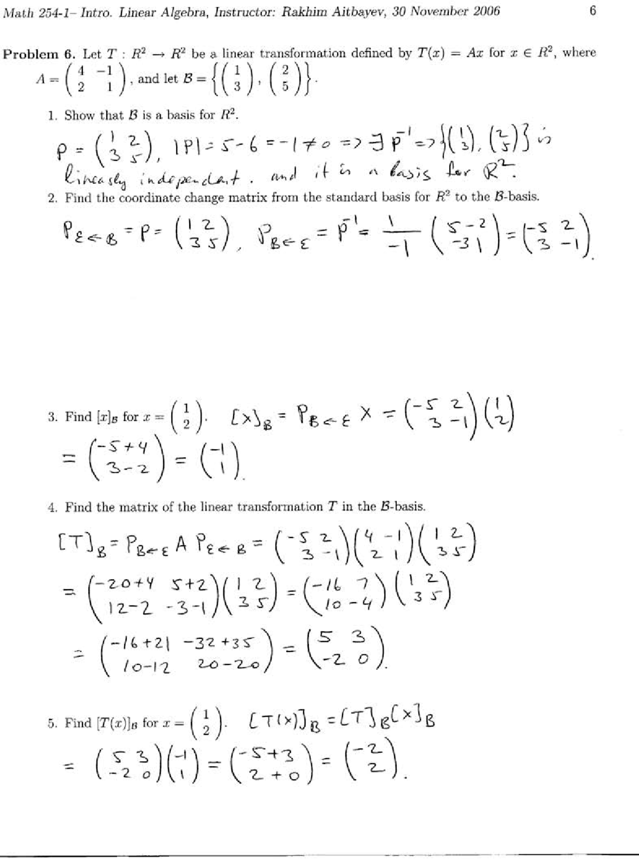 Solutions for Exam 2 - Applied Linear Algebra | MATH 254 - Docsity