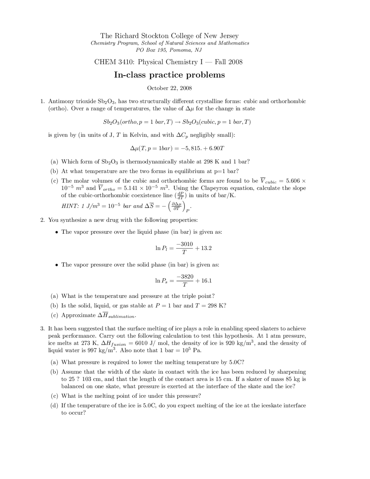 Practice Problems for Physical Chemistry I | CHEM 3410 - Docsity