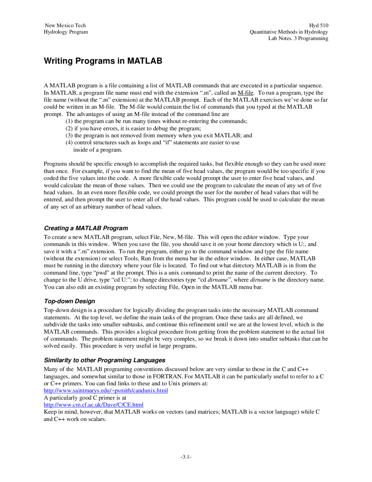 Notes on Writing Programs in MATLAB | HYD 510 - Docsity
