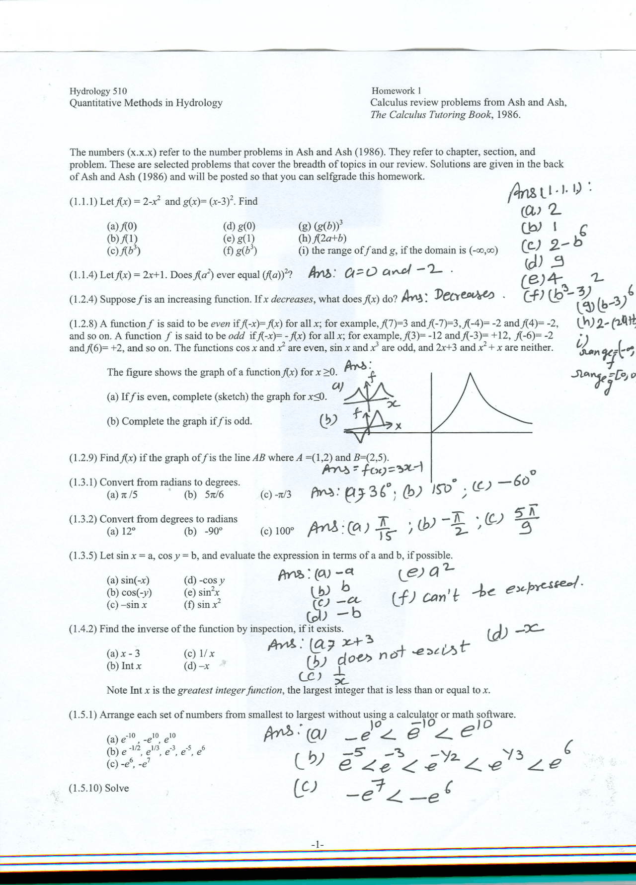 Completed Math Homework Calculus Homework 1 with Solution - Calculus Review Problems | HYD 510 - Docsity