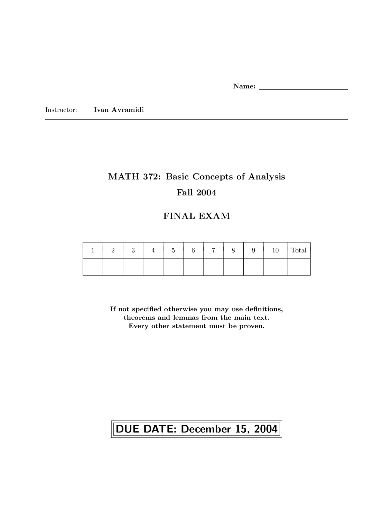 Practice Final Exam - Basic Concepts of Analysis | MATH 372 - Docsity